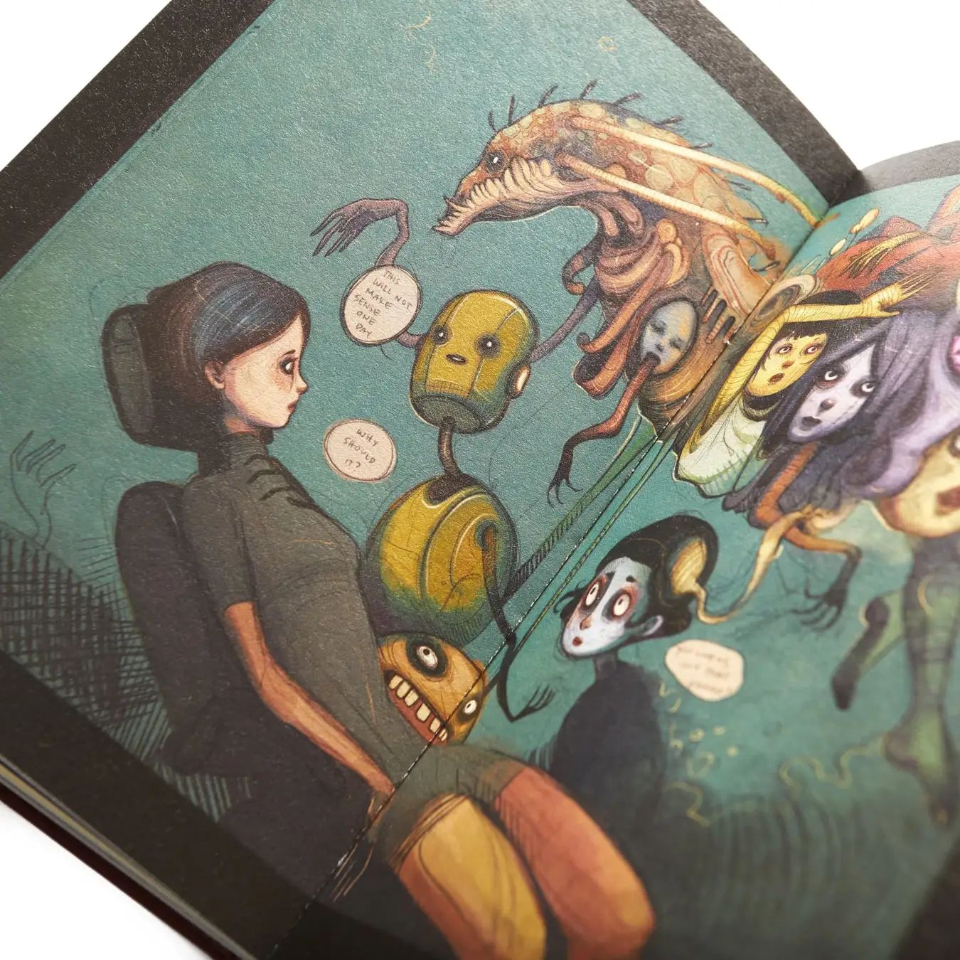 Illustrated book spread showing a seated girl surrounded by a yellow robot and eerie, colorful creatures.