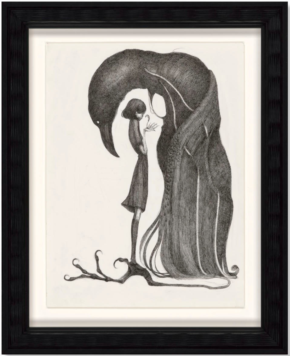 Framed black-and-white drawing of a small girl facing a towering, cloaked birdlike creature.