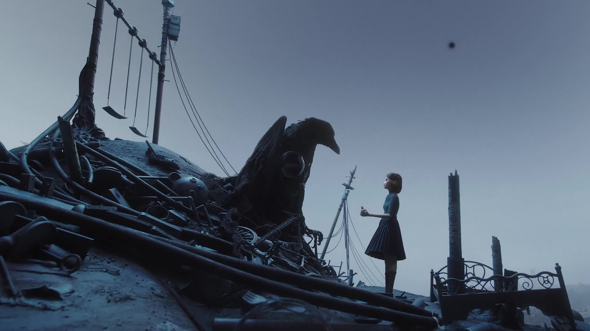 Girl faces a giant black raven amid twisted metal and ruined furniture under a gray sky.
