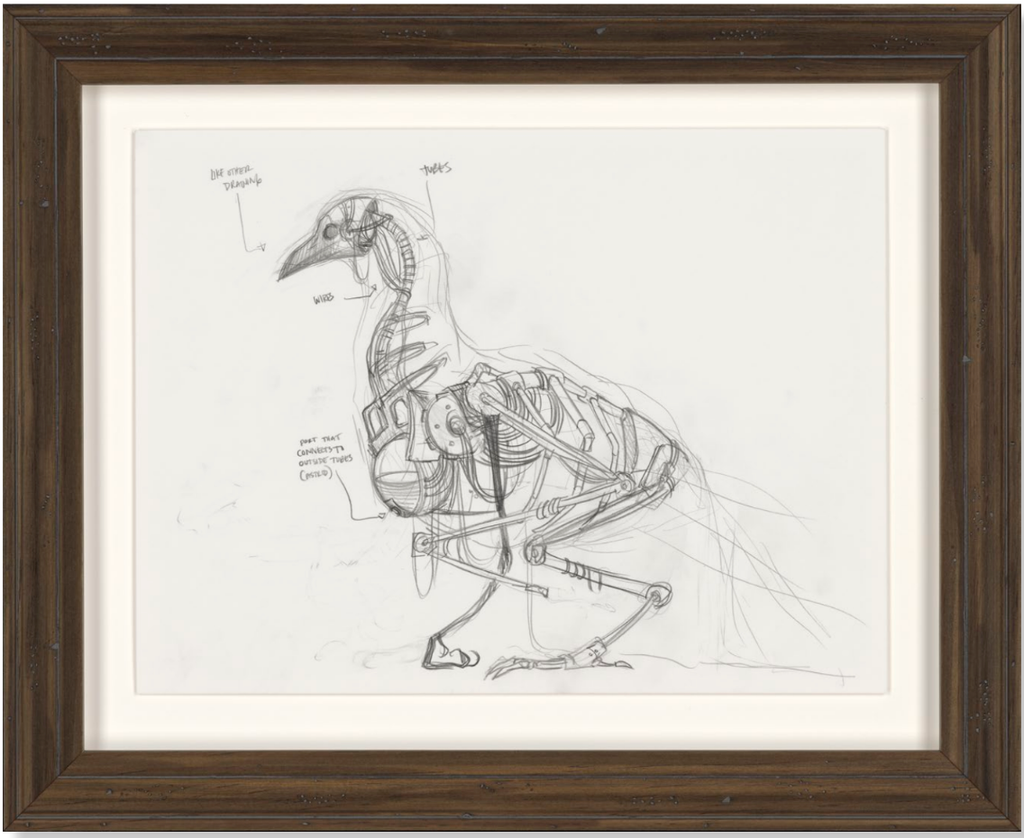 Framed pencil concept sketch of a bird in profile, revealing its mechanical skeleton and handwritten notes.