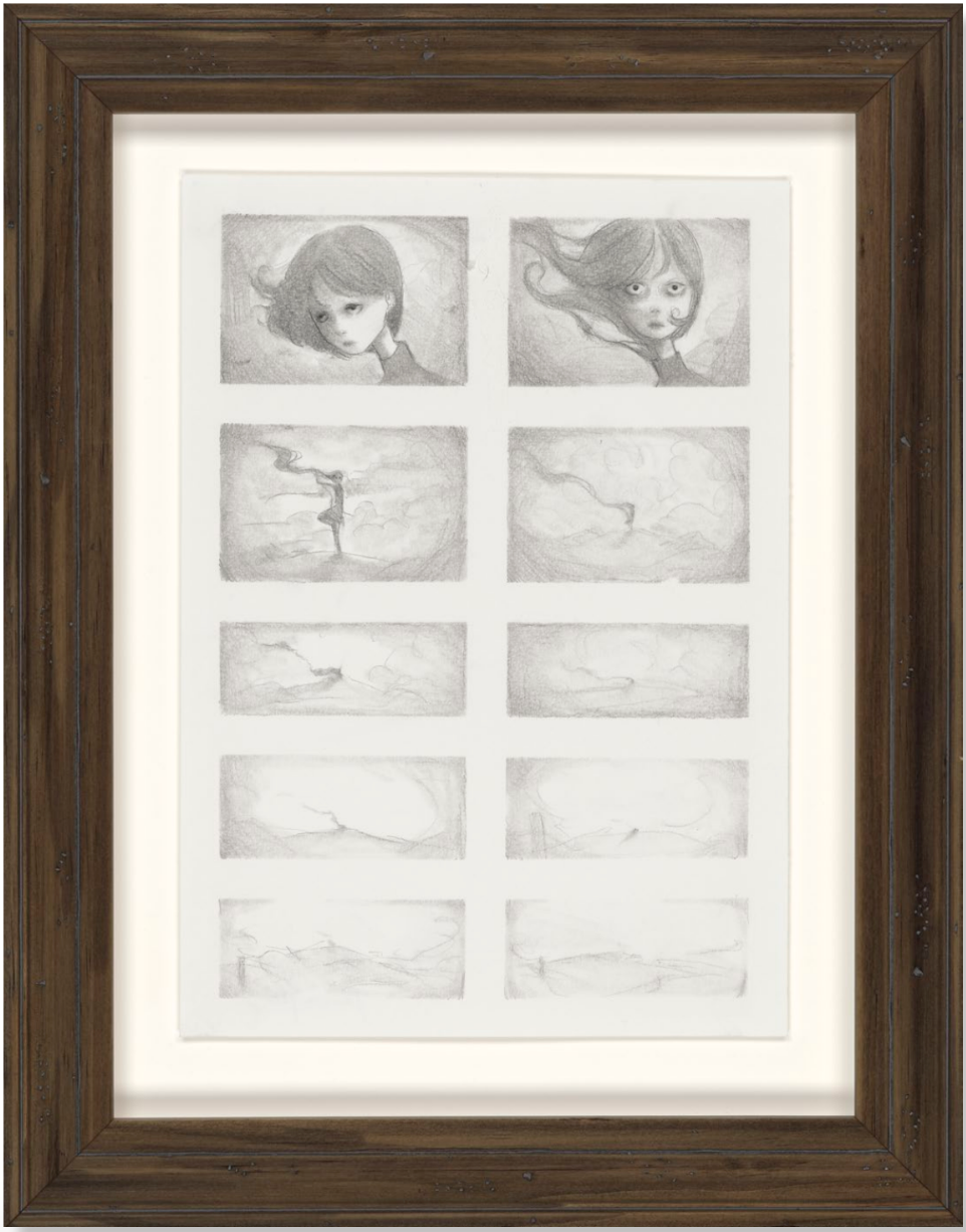 Framed pencil storyboard with two portraits of a wide-eyed girl above faint landscape sketches.