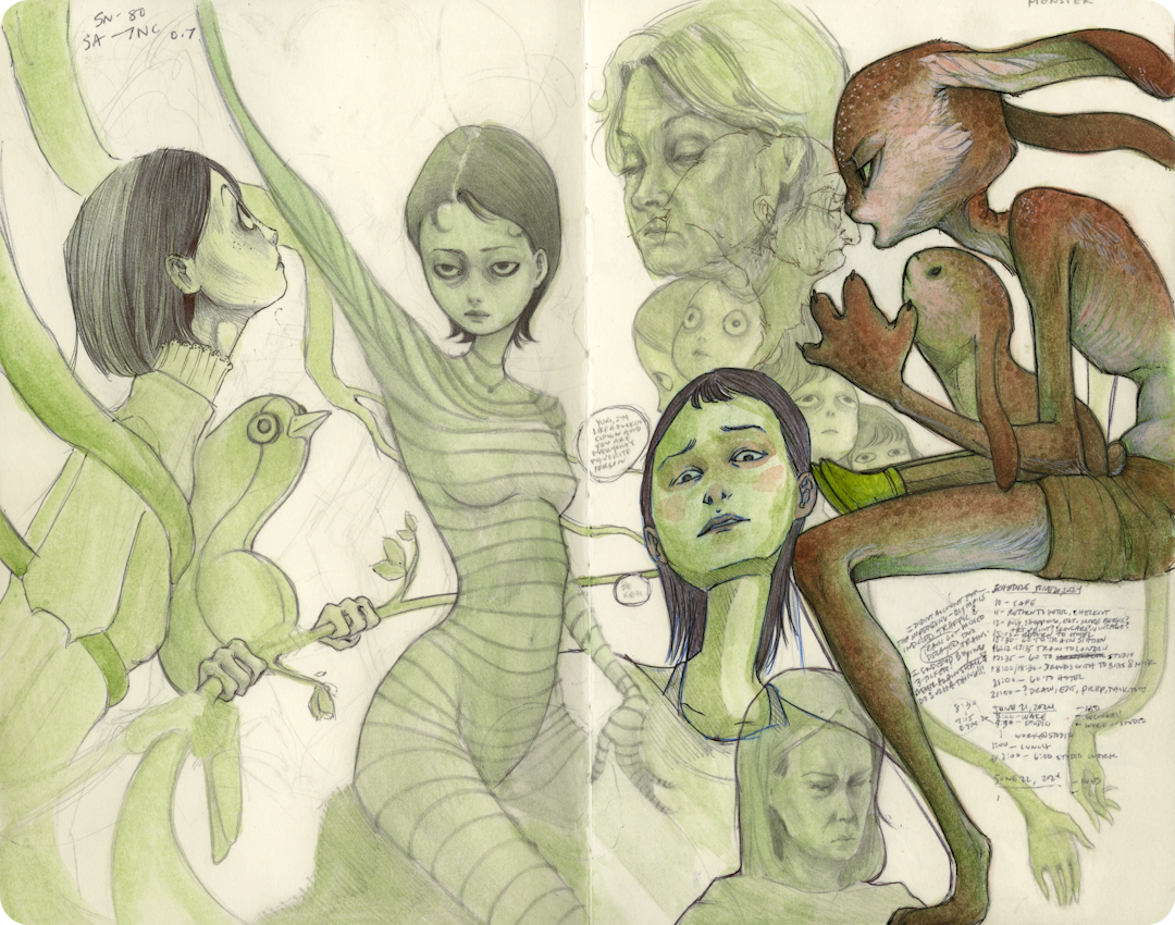 Colored-pencil sketchbook spread of surreal green figures, birds, faces, and a long-eared creature.