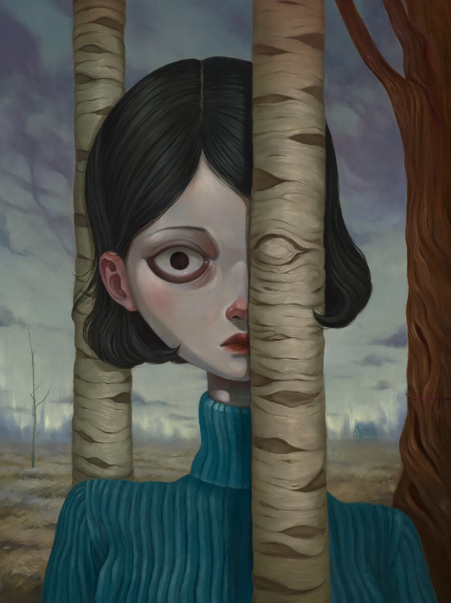 Surreal painting of a pale, wide-eyed woman in a blue sweater peering between birch trunks.