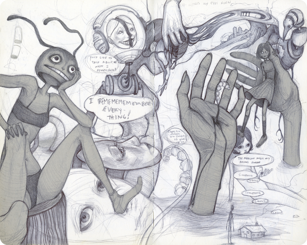 Surreal pencil sketch of masked figures, giant hands, looping forms and handwritten speech bubbles.