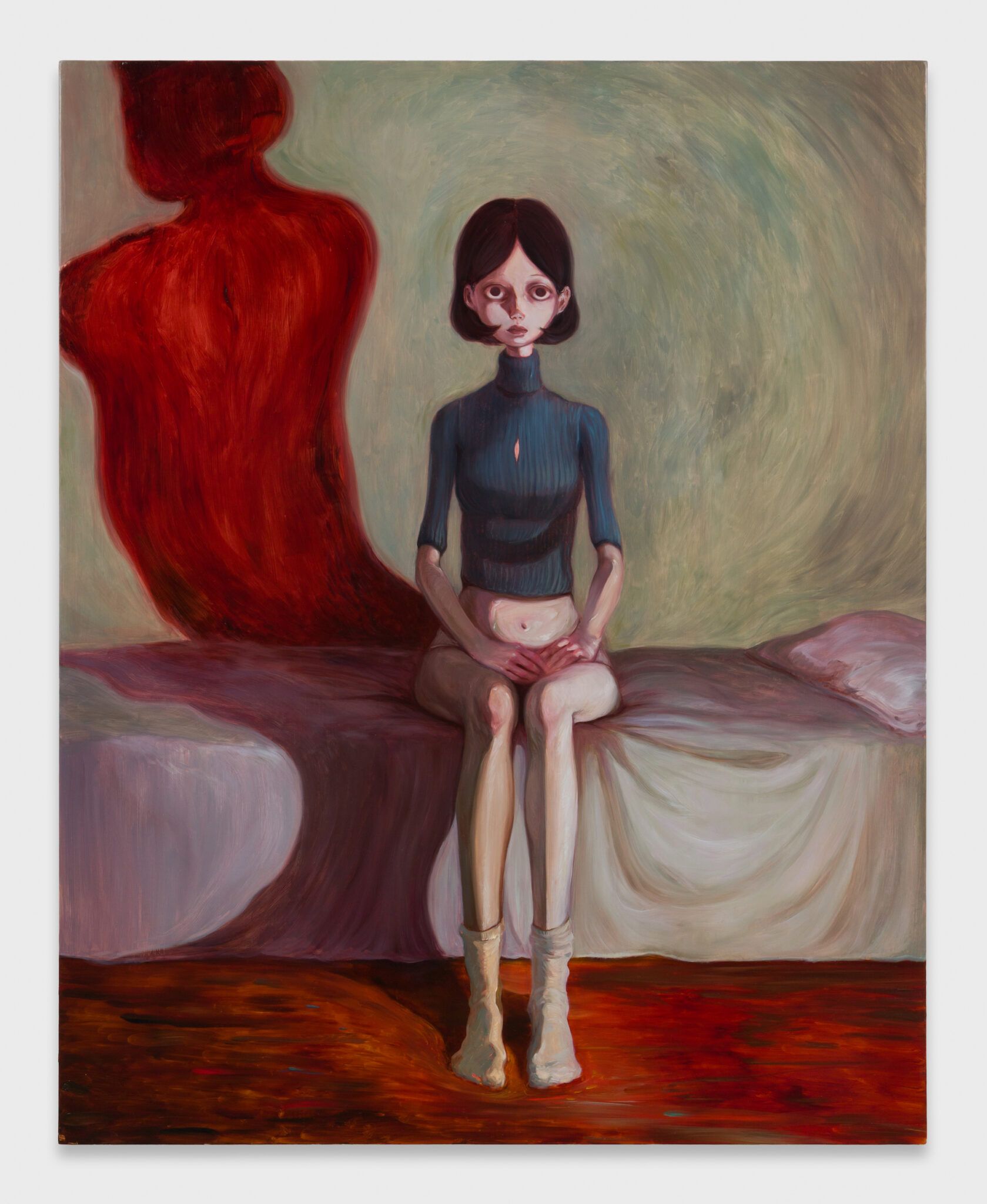 Surreal painting of a wide-eyed woman seated on a bed beside a looming red shadow figure.