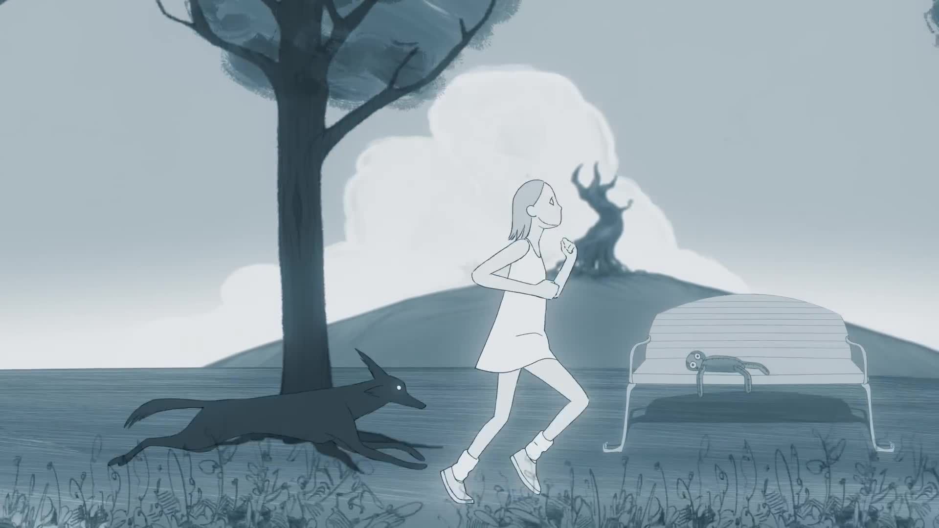 Animated woman jogging beside a black dog past a park bench in a muted blue landscape