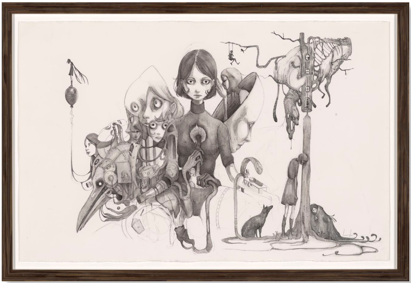 Framed graphite drawing of surreal, wide-eyed figures, mechanical creatures, a cat and skeletal forms.