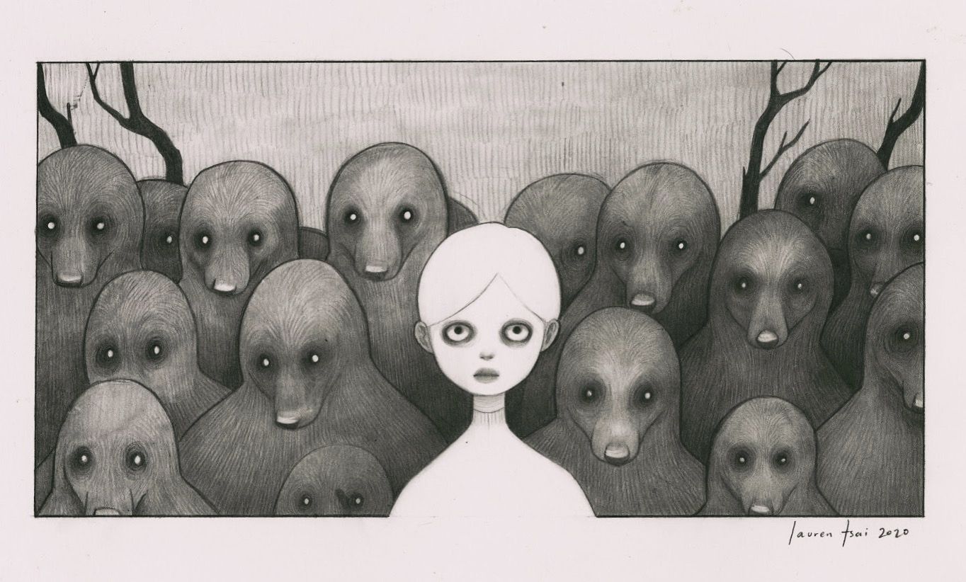 Pencil drawing of a pale, wide-eyed figure surrounded by shadowy, long-faced creatures and bare trees.