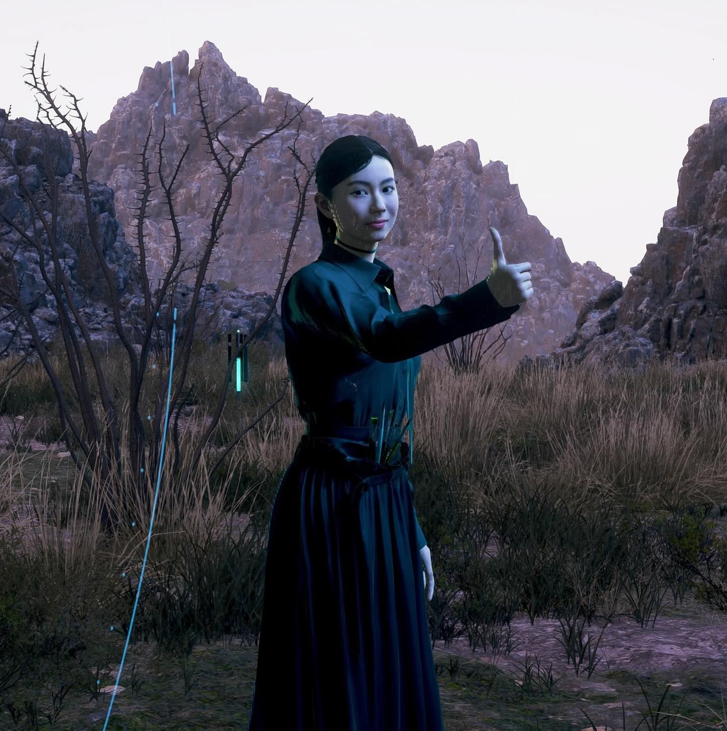 3D-rendered woman in a dark dress gives a thumbs-up in a barren, rocky landscape.