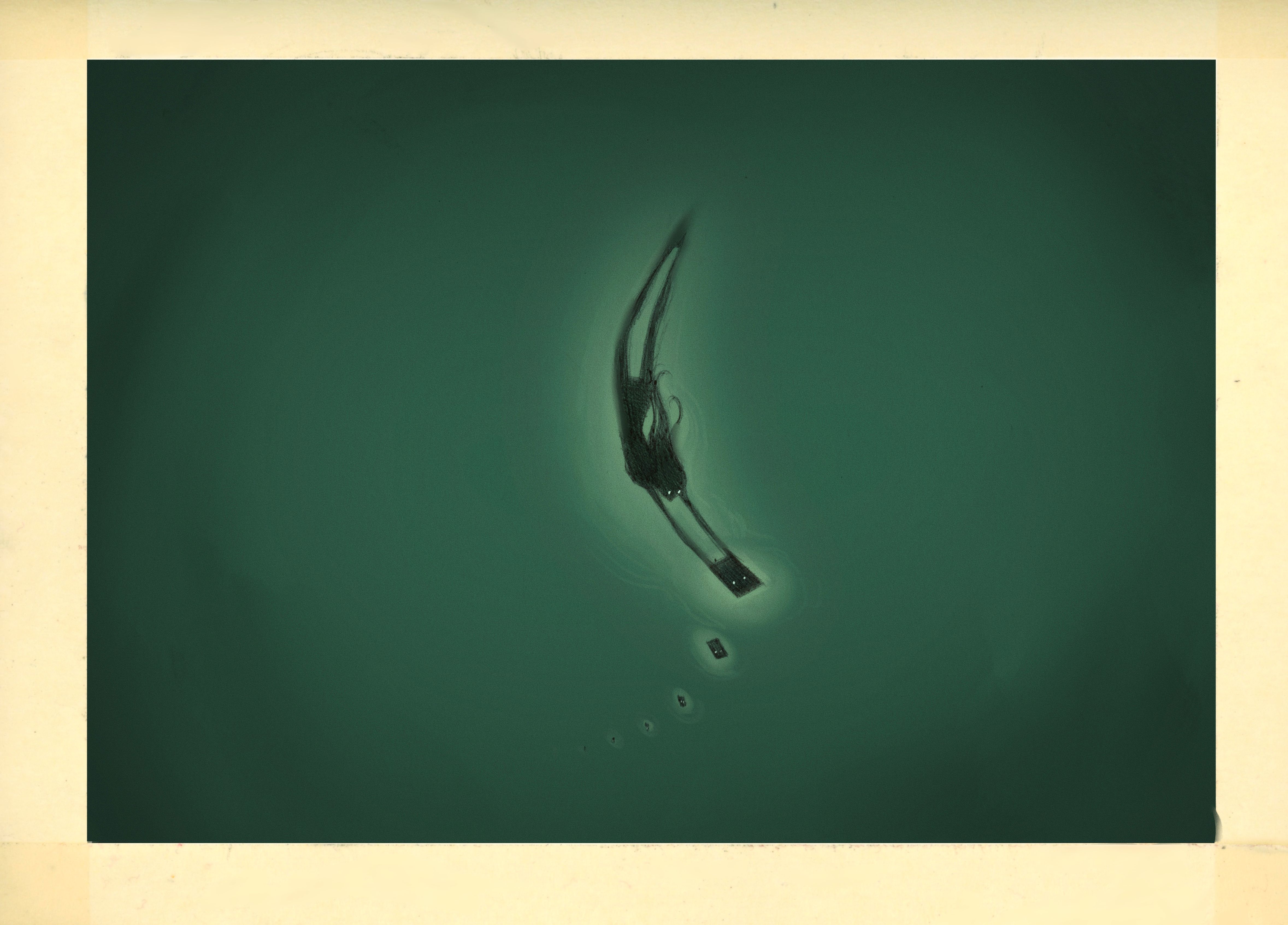 Overhead photograph of a lone swimmer diving through dark green water, trailing bubbles.