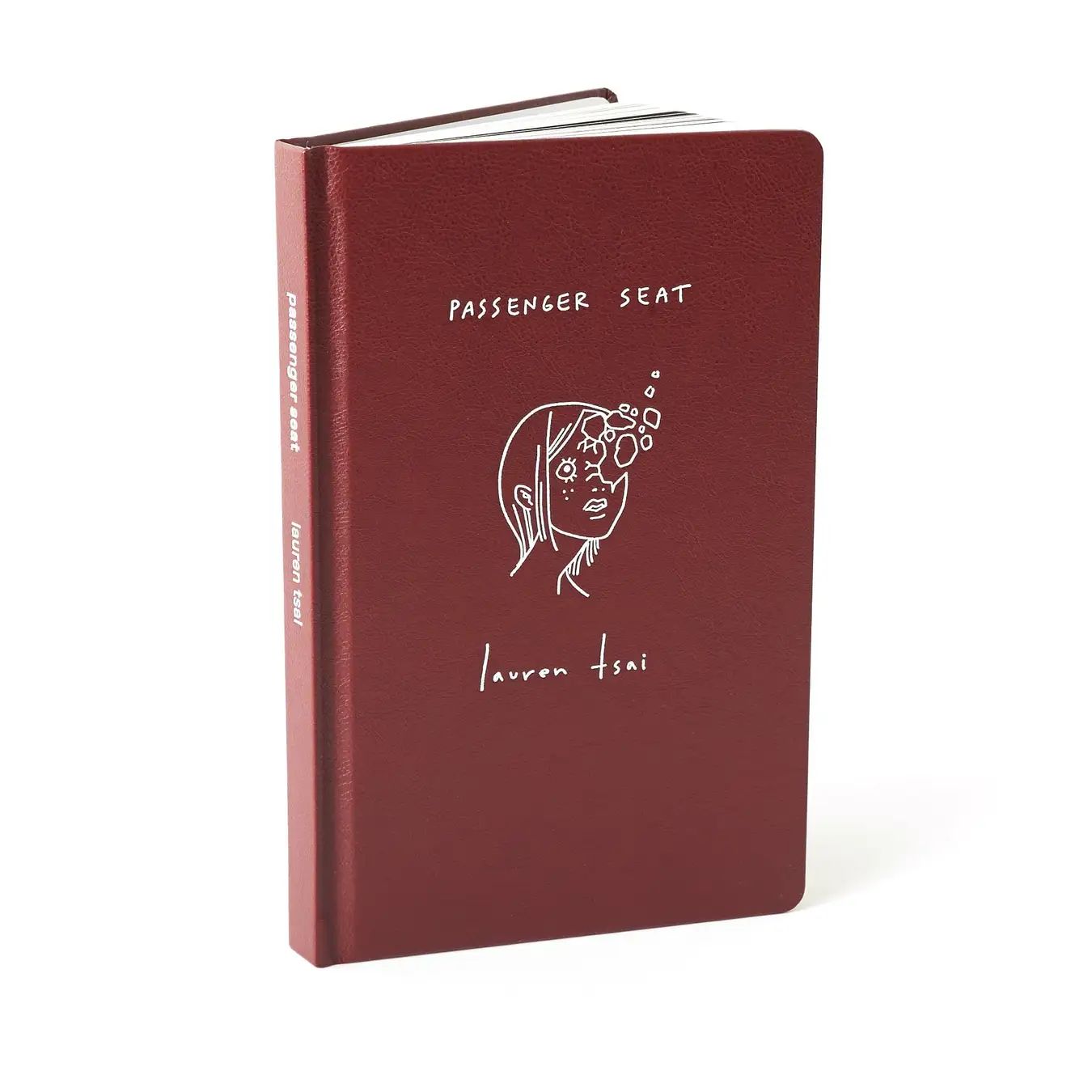 Burgundy hardcover of Passenger Seat by Lauren Tsai, with a white line drawing of a fragmented face.