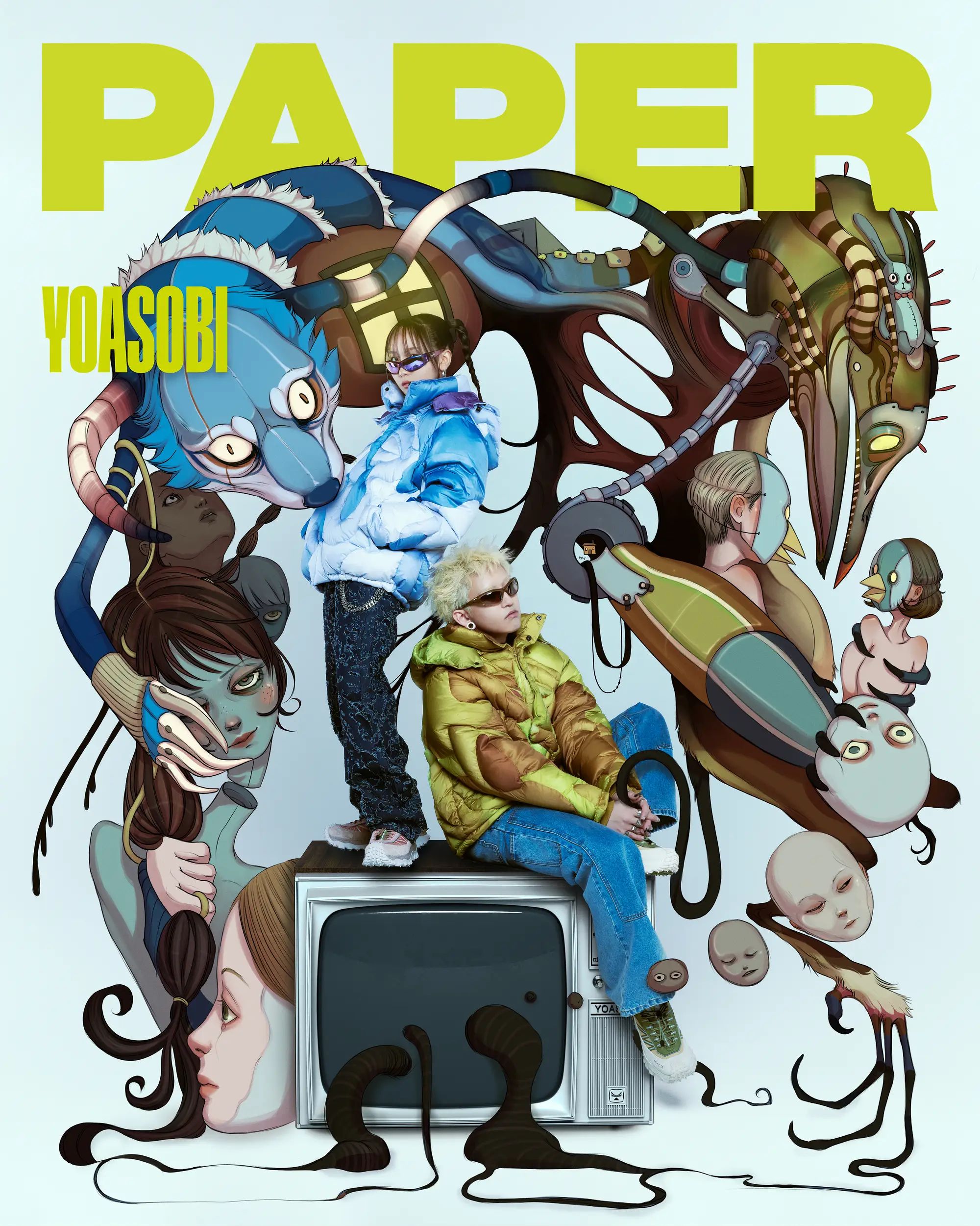 Yoasobi pose on a vintage TV amid surreal illustrated creatures, beneath bold lime PAPER lettering.