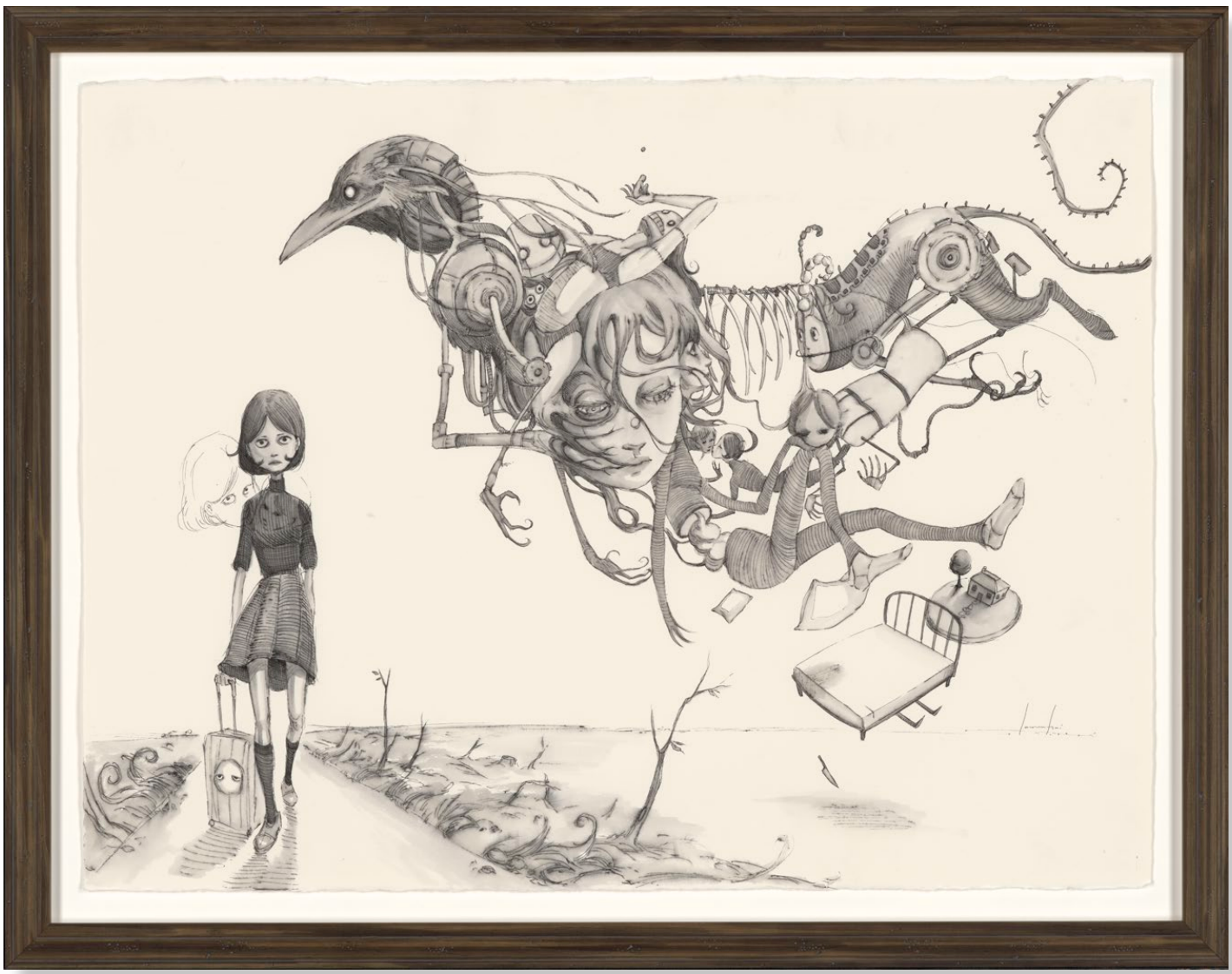 Surreal pencil drawing of a girl beside floating figures, a mechanical bird, skeletal horse and bed