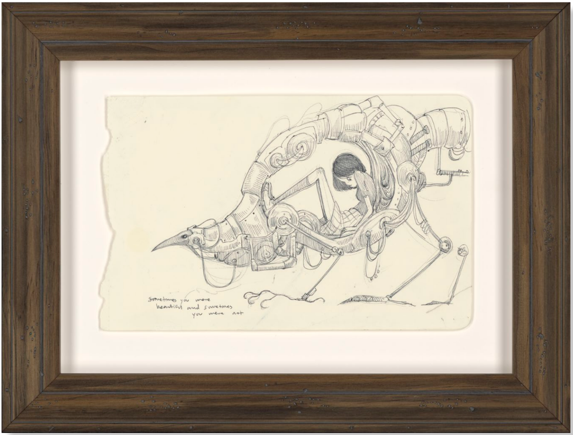 Framed pencil drawing of a woman seated inside an intricate birdlike mechanical walker.