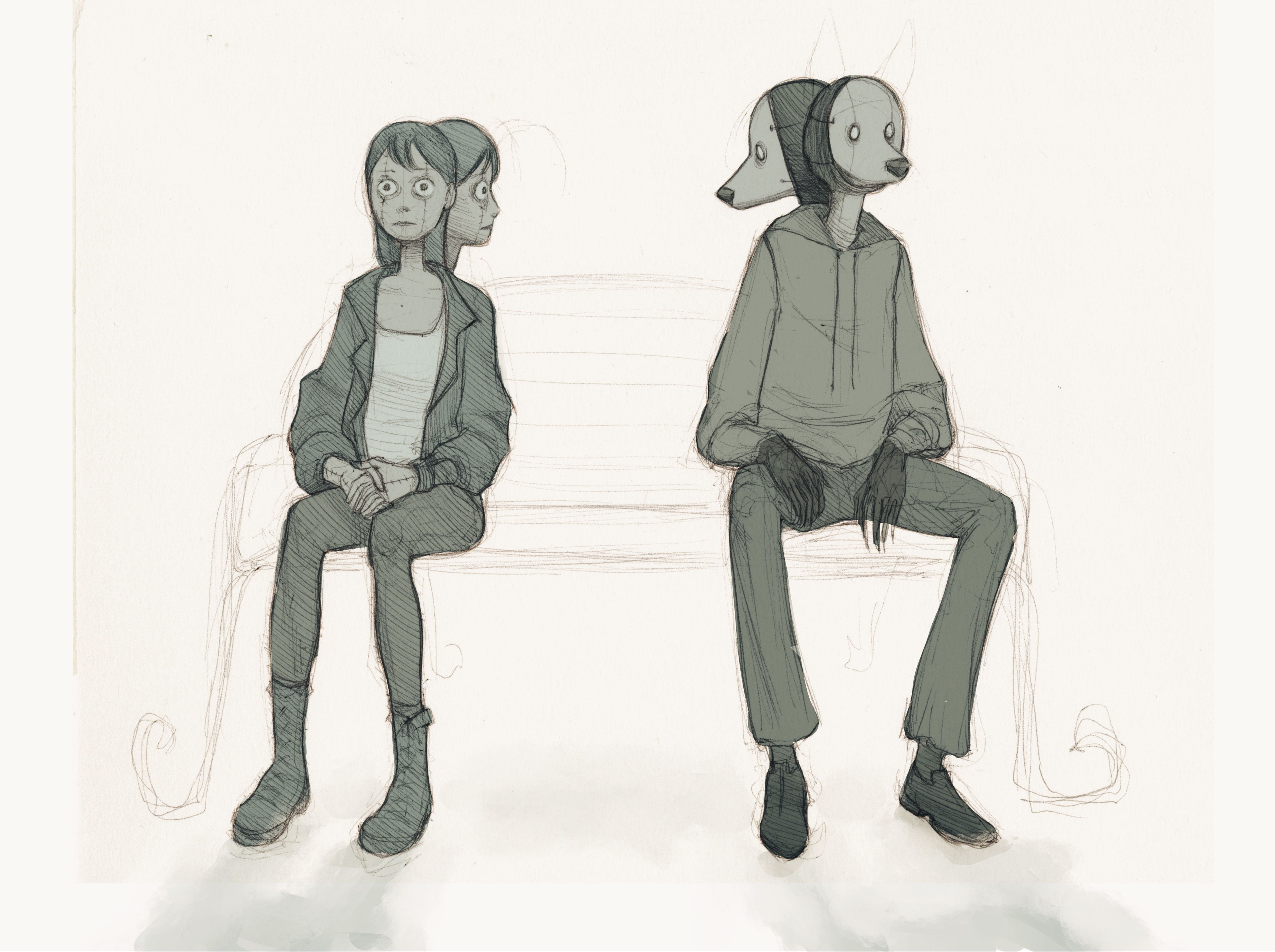 Pencil sketch of two seated figures, each with overlapping heads; one human and one dog-like.