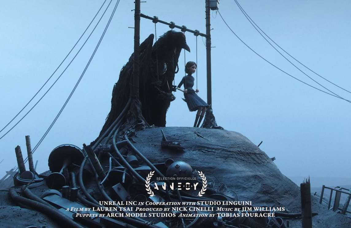 Stop-motion girl on a swing beside a giant black bird atop a mound of debris, with film credits below