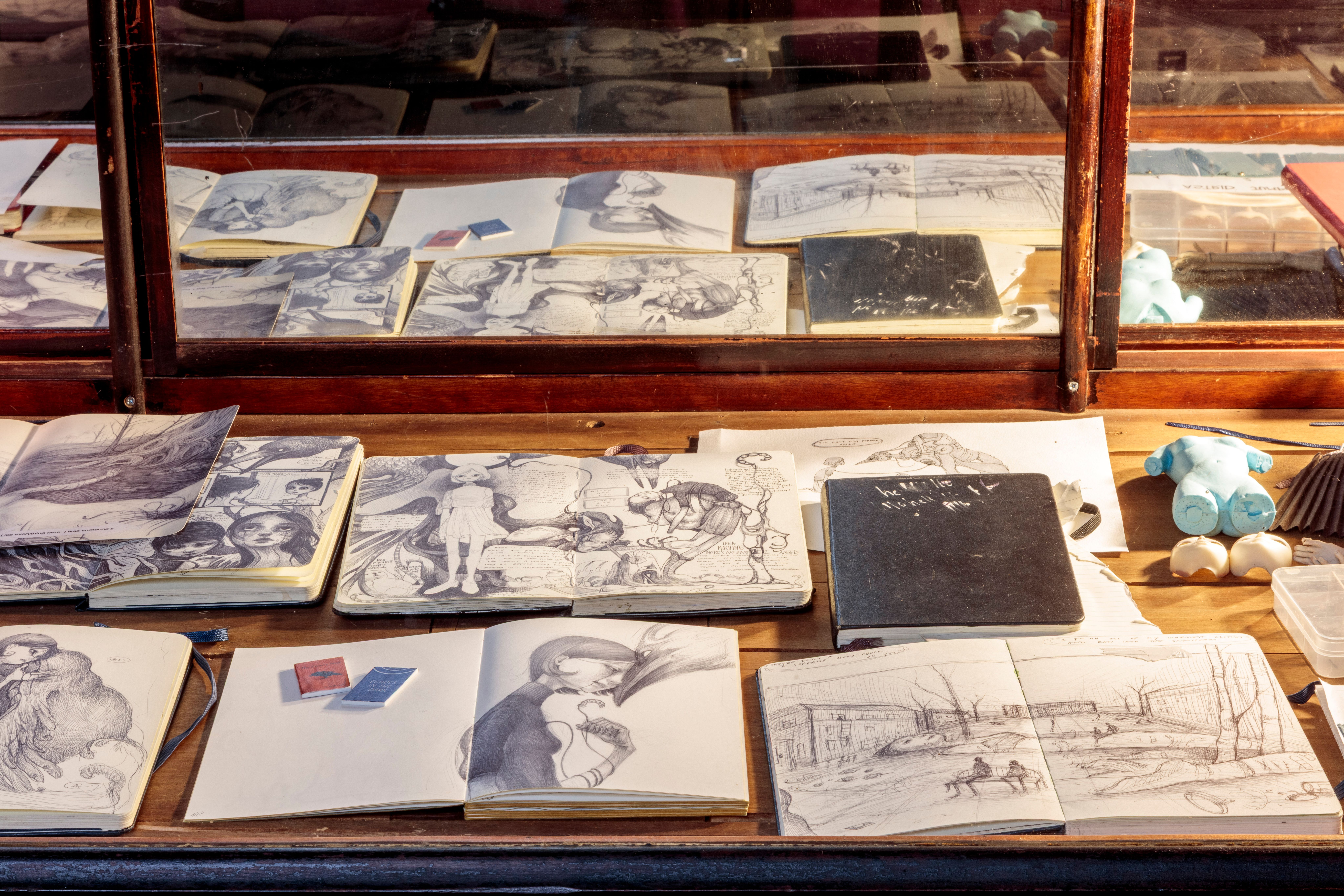 Open sketchbooks filled with detailed pencil drawings displayed on a wooden table beneath a glass case.