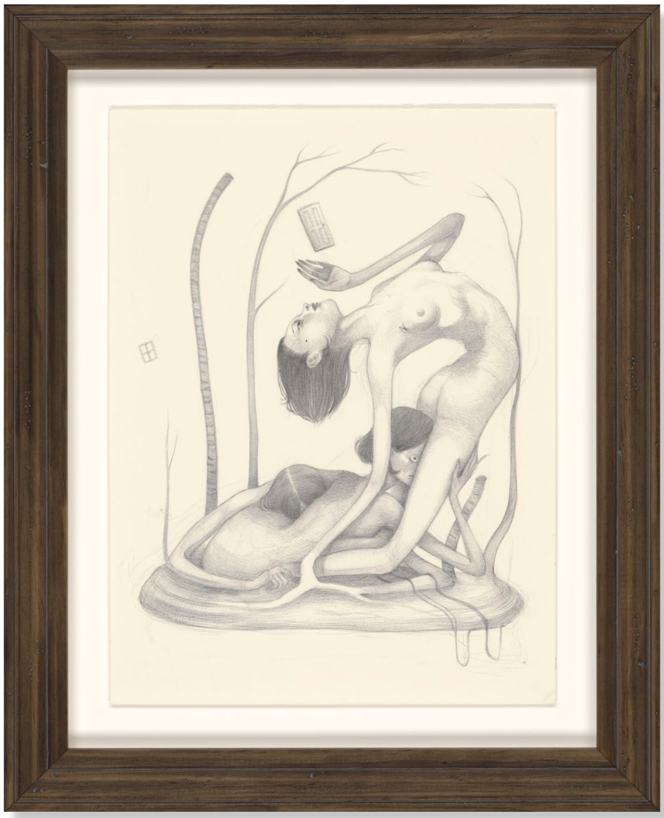 Pencil drawing of nude figures intertwined in a surreal arched interior, one woman bending dramatically backward.