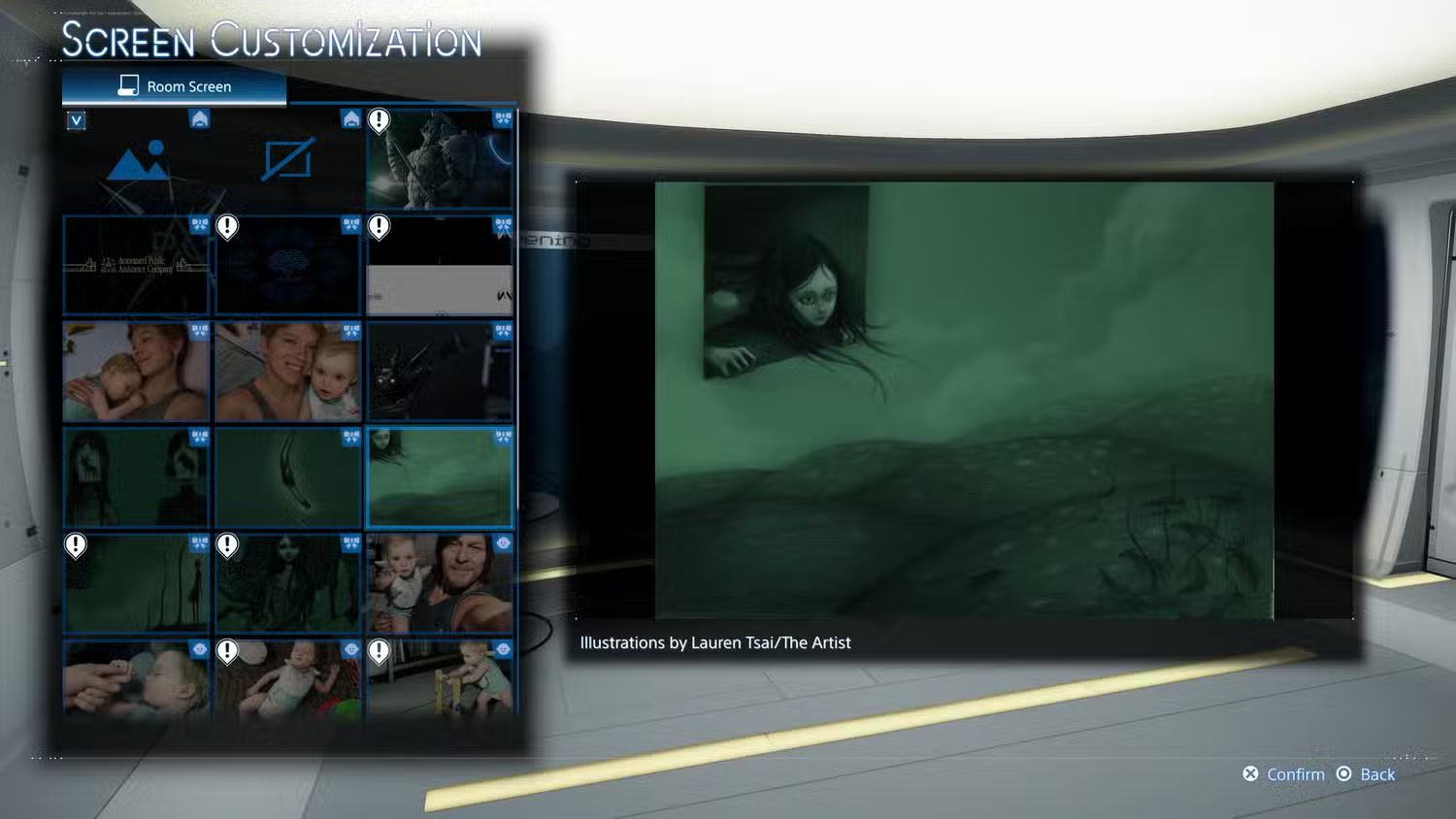 Video game screen customization menu with thumbnail grid and a green illustration of a girl above a landscape