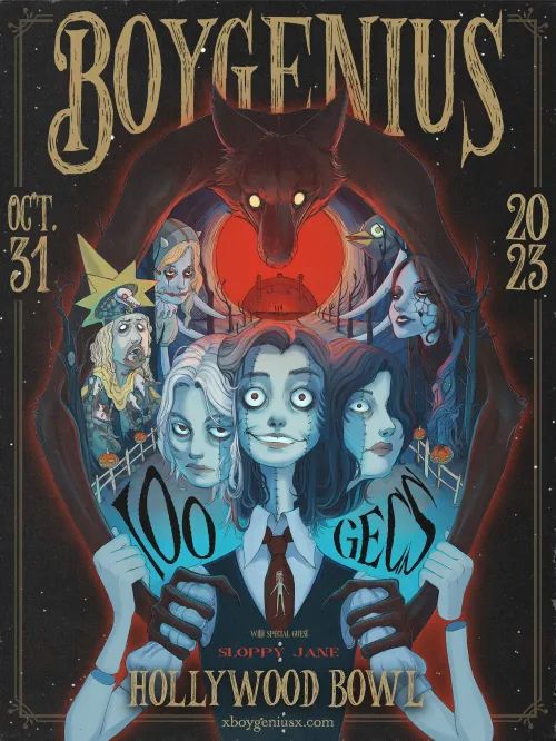 Illustrated Boygenius concert poster with eerie blue women, a looming black wolf, and Hollywood Bowl text.