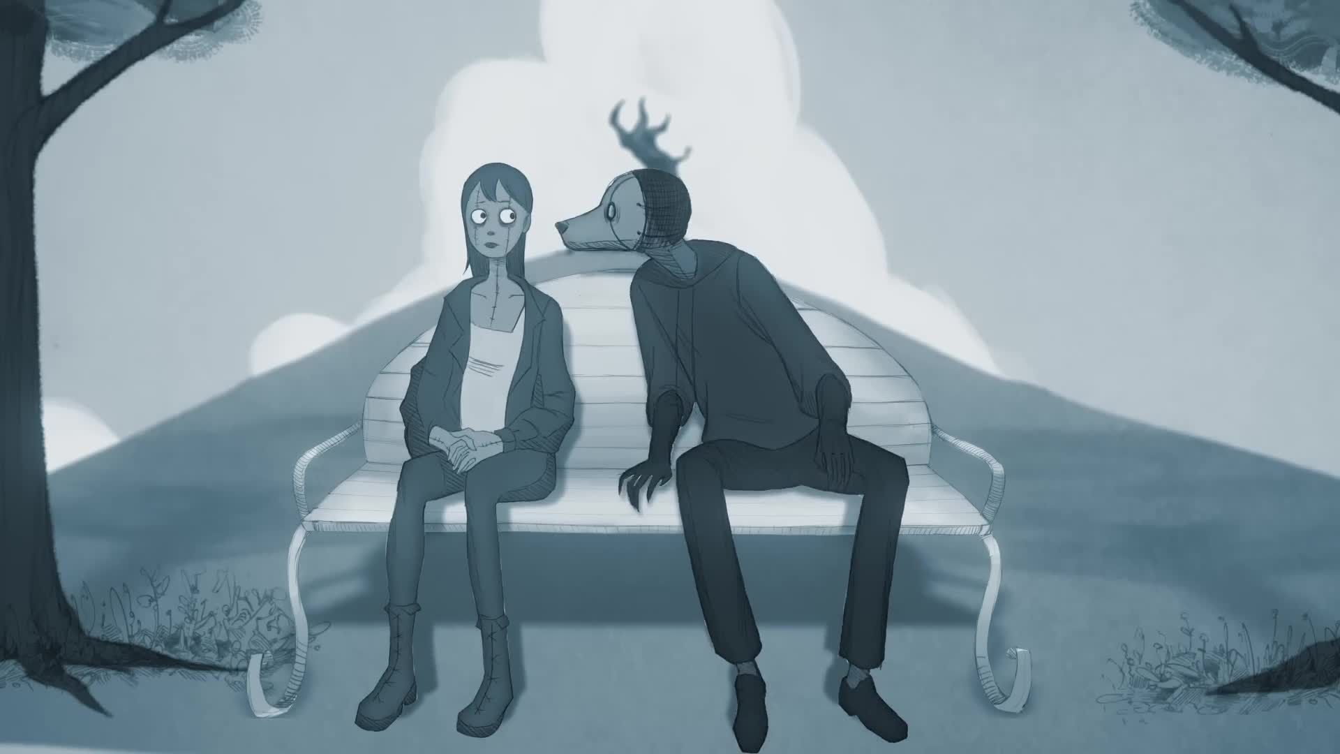 Monochrome illustration of a startled woman beside a deer-headed figure on a park bench.