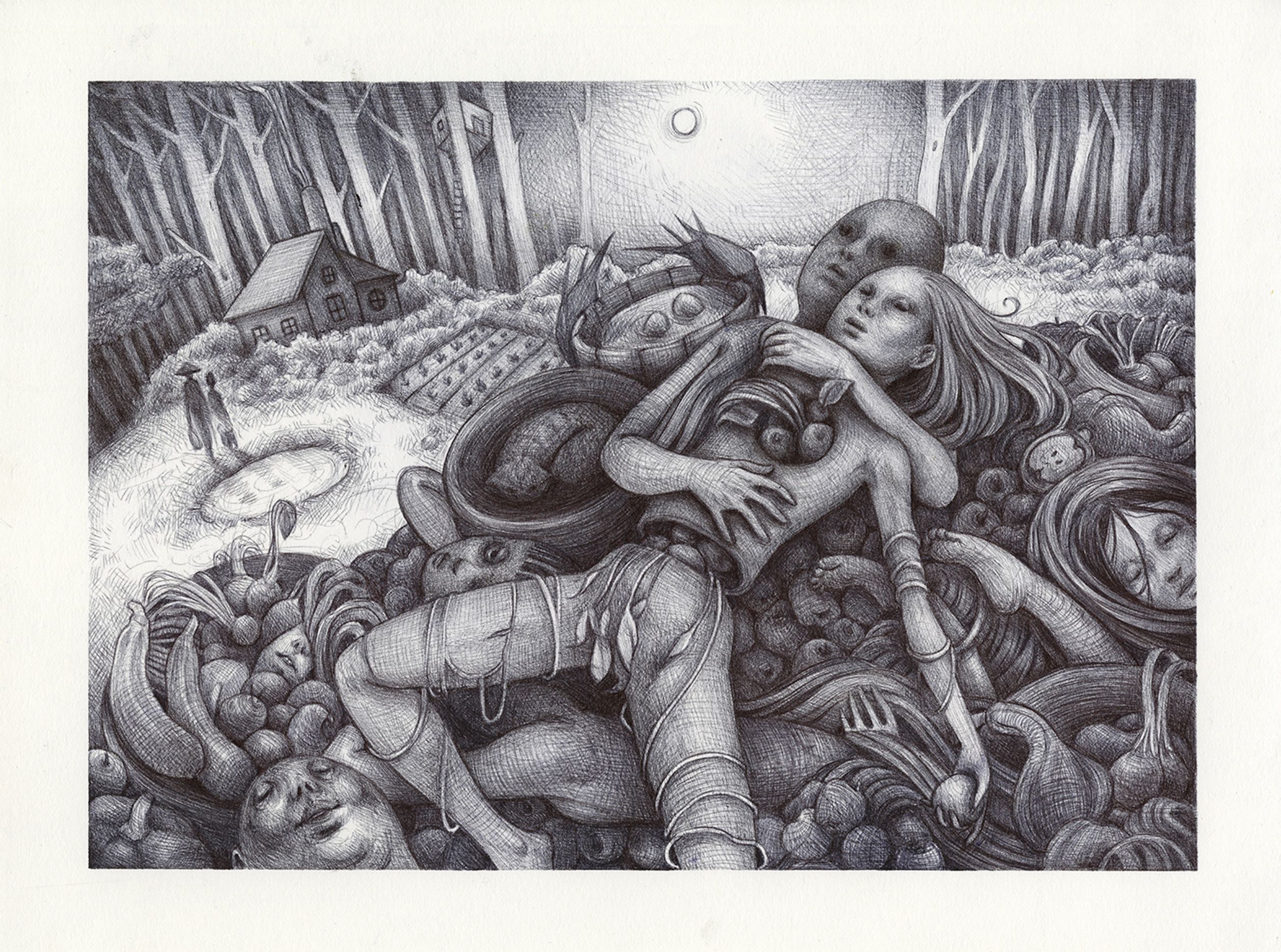Surreal black-and-white drawing of entwined figures amid giant produce in a moonlit forest garden