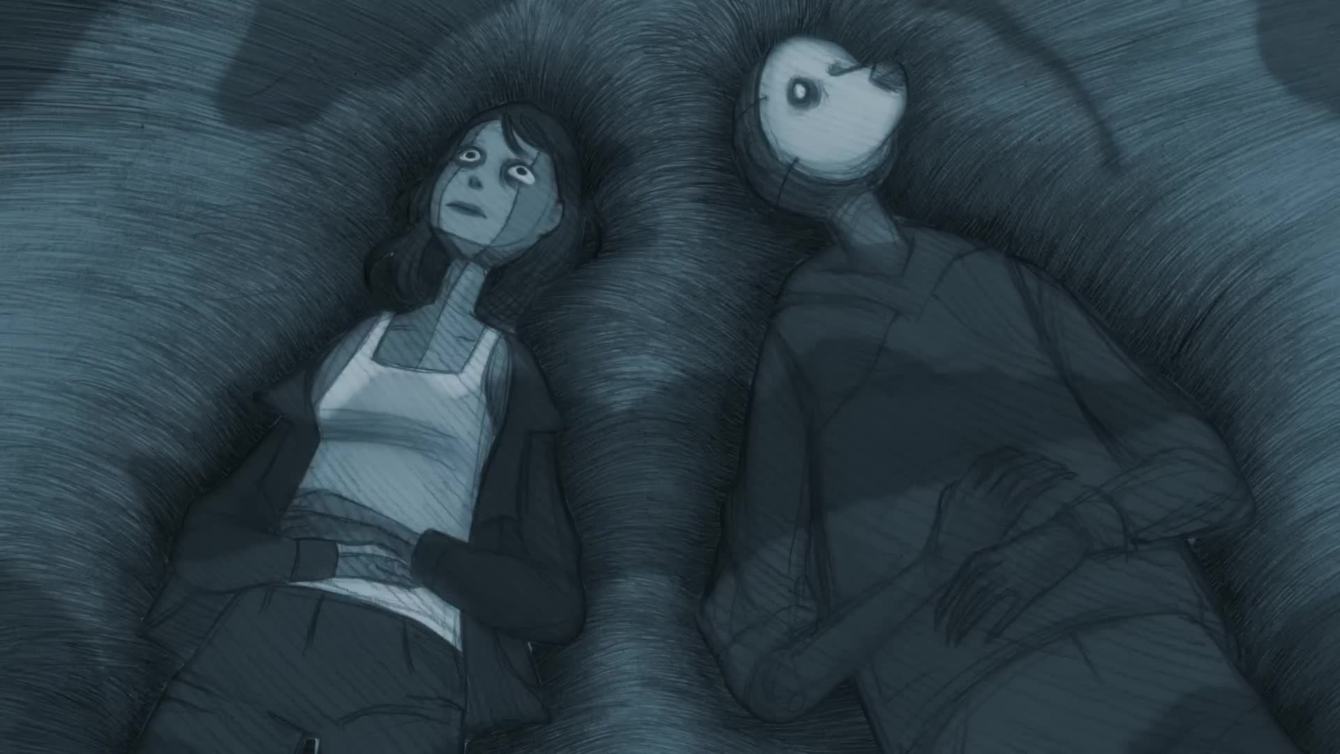 Dark animated scene of a frightened woman and a masked figure lying amid thick, coiled organic forms.