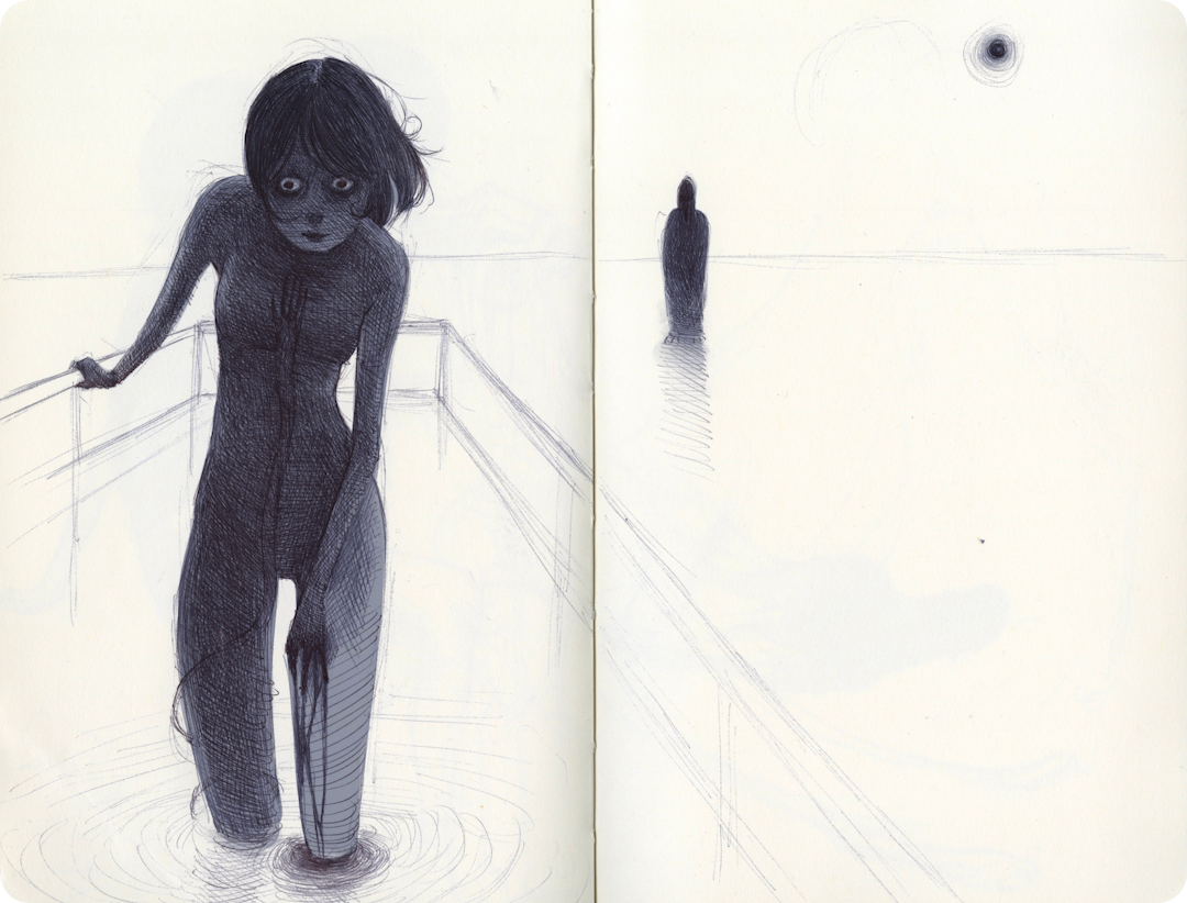 Ballpoint pen sketch of a dark, wide-eyed figure wading by railings, with a distant silhouette and dark orb.