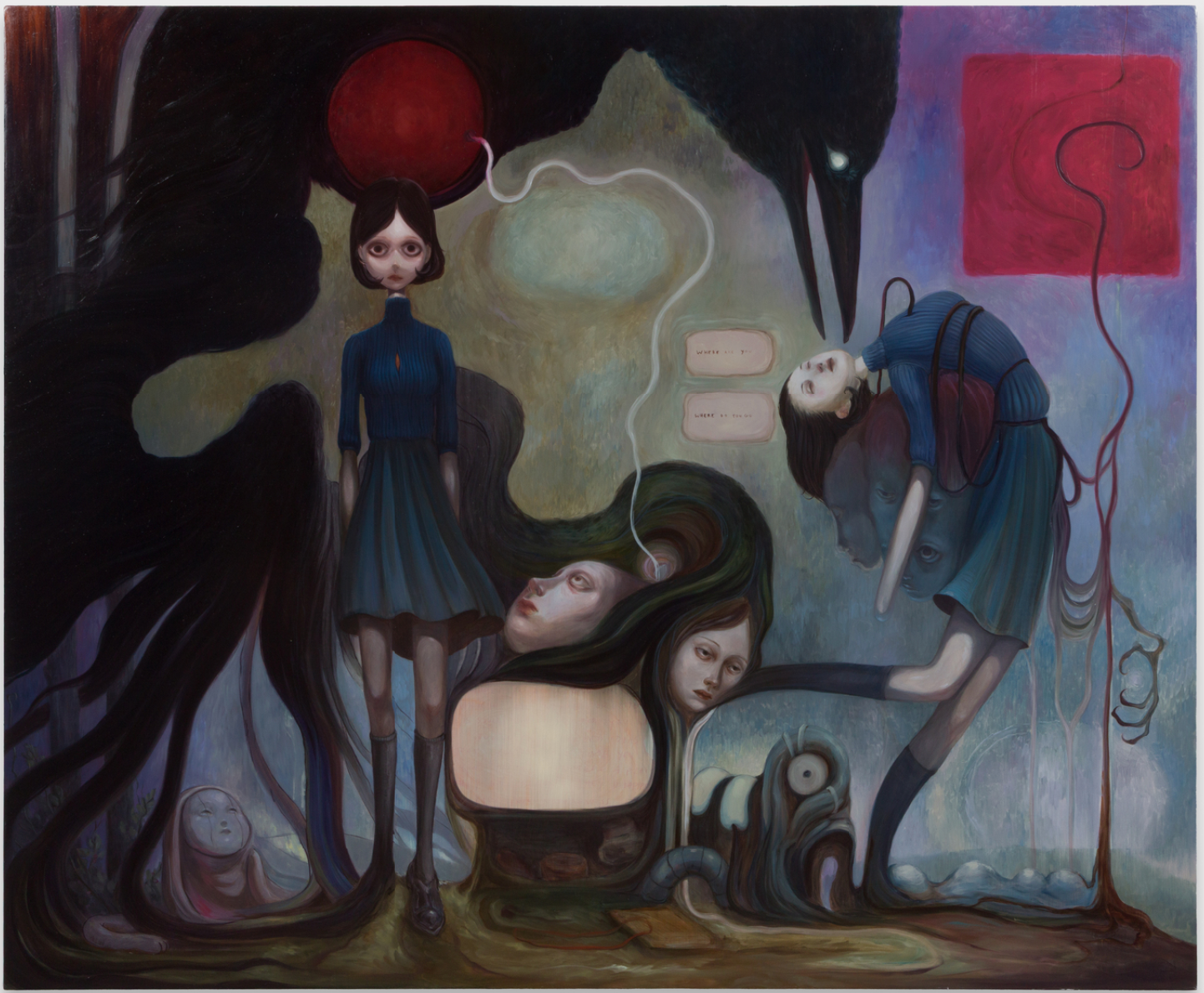 Surreal painting of pale, blue-dressed figures entwined with cords, dark birds, and strange organic forms.