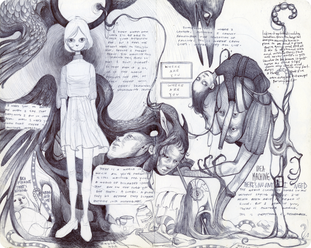 Intricate pen drawing of surreal figures, creatures, machinery and handwritten notes surrounding a girl.