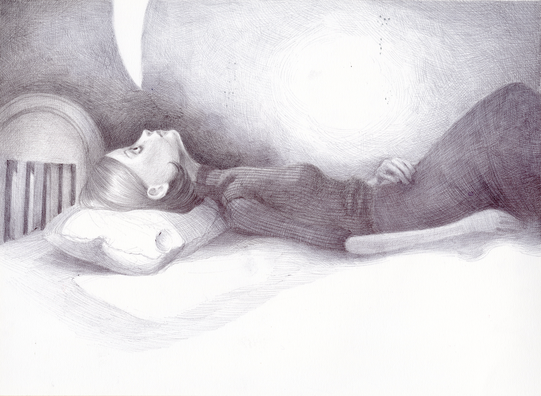 Monochrome pencil drawing of a woman lying on a bed, gazing upward beneath a glowing circular light.