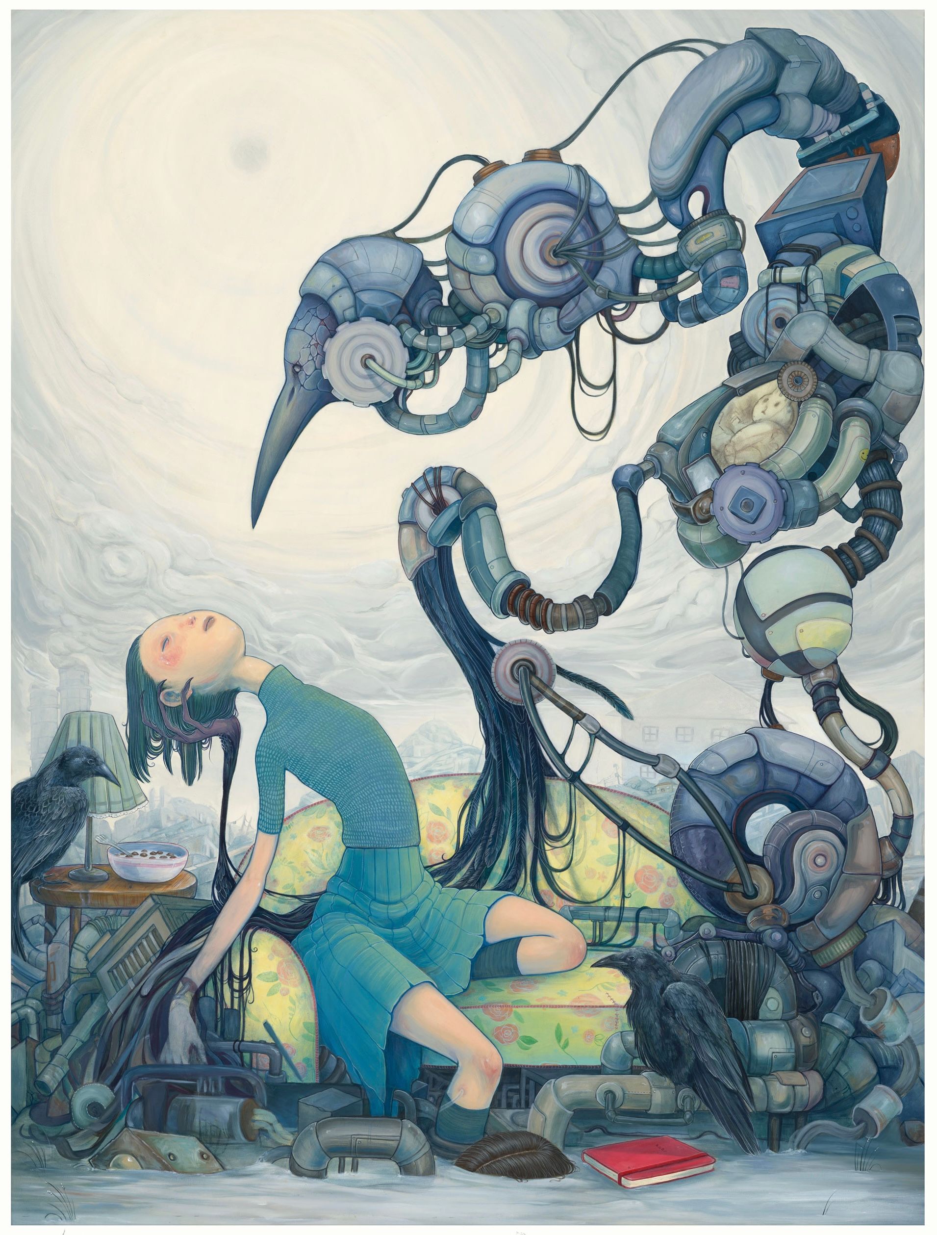 Surreal painting of a woman on a floral sofa amid giant tangled machinery and black ravens.