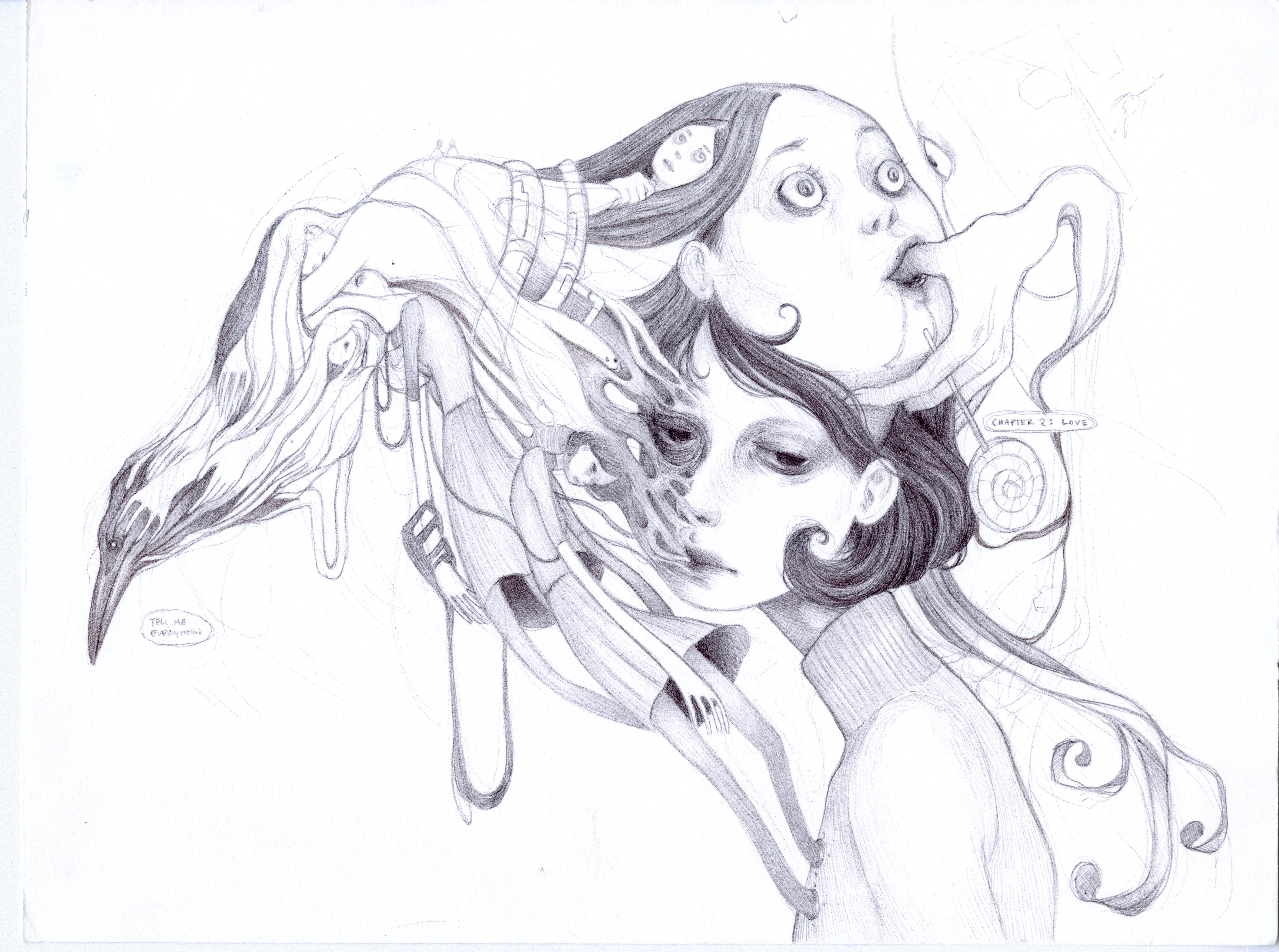 Surreal pencil drawing of intertwined long-haired figures, elongated limbs, and a birdlike head.