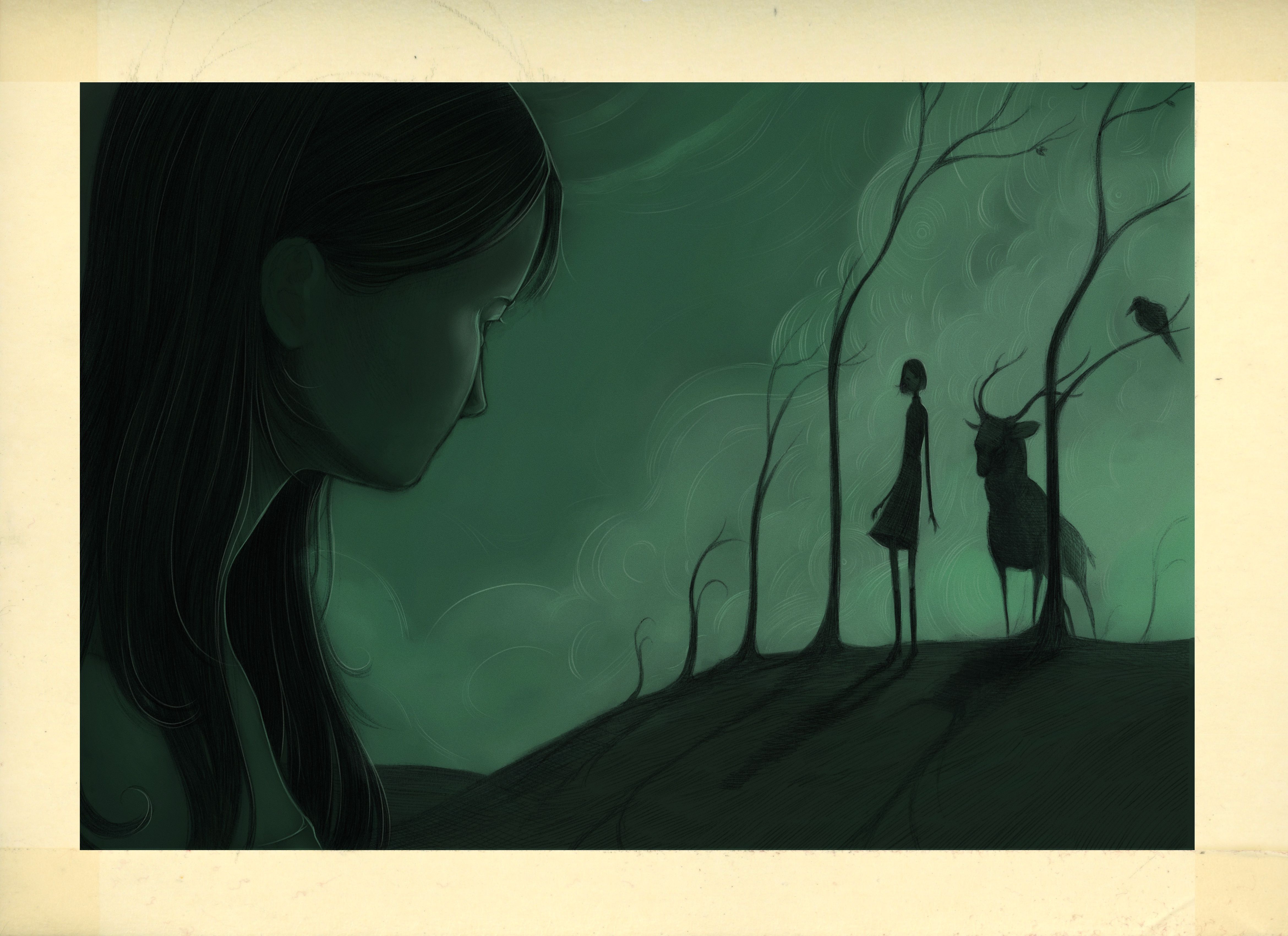 Dark green illustration of a girl's profile overlooking a distant figure, horned deer, bare trees, and bird.