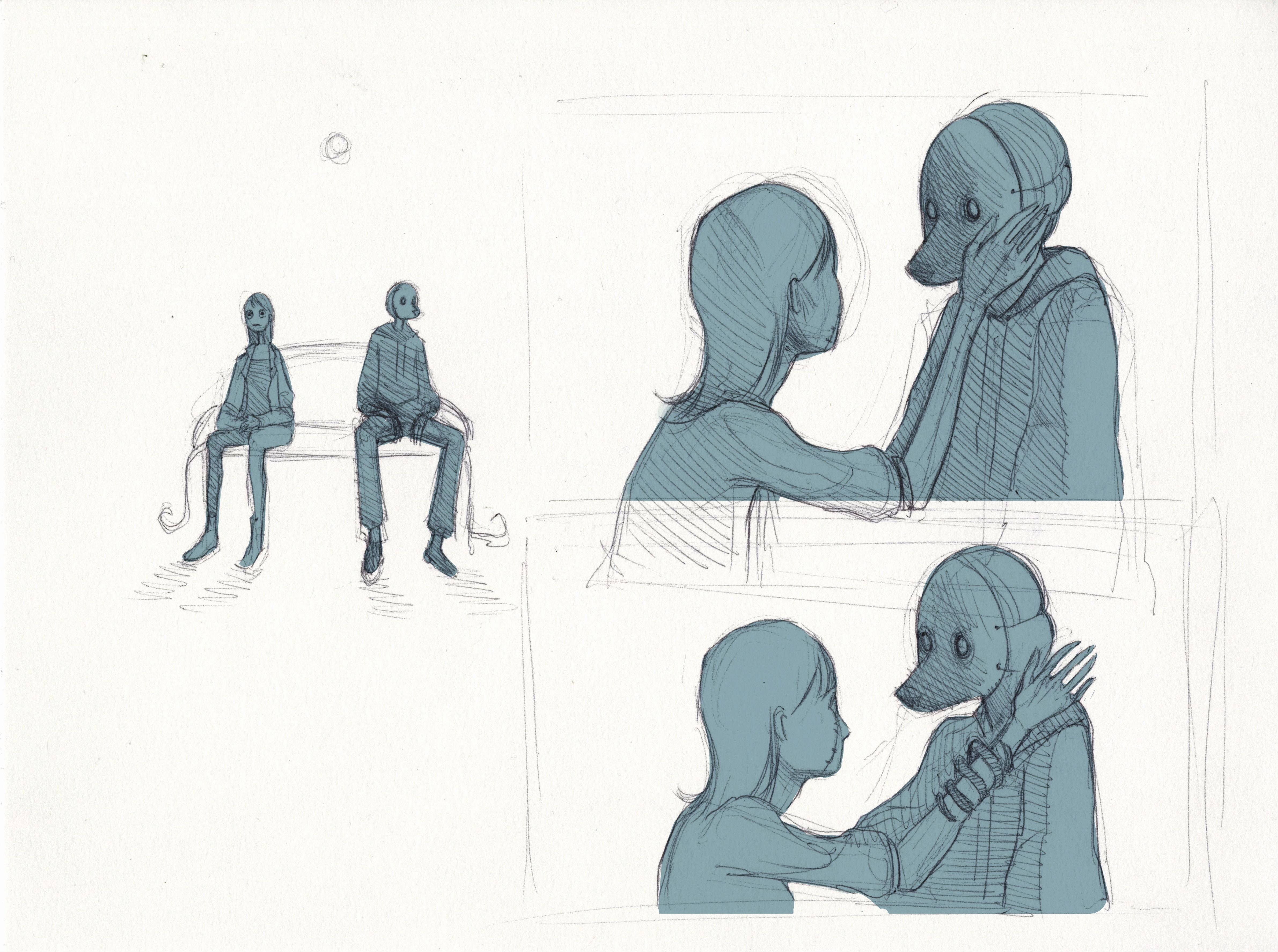 Blue-gray concept sketches of a woman touching the face and shoulders of a seated duck-headed figure.