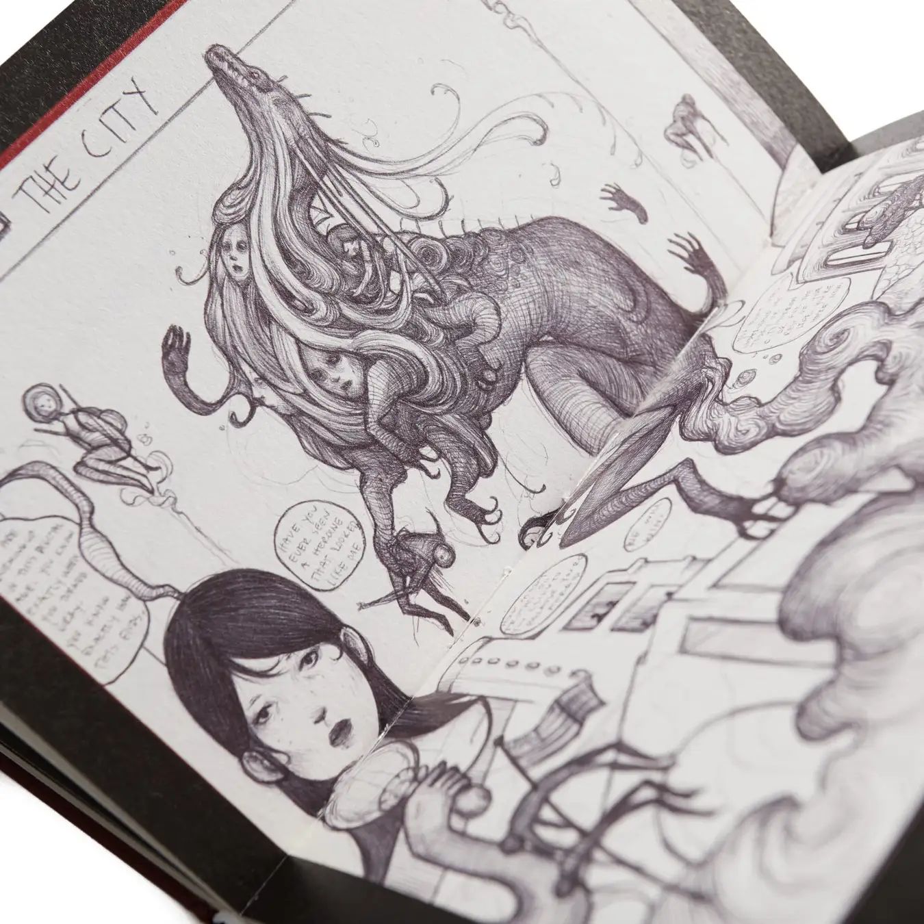 Open sketchbook with intricate pencil drawings of a fantastical creature, a girl, birds, and handwritten notes