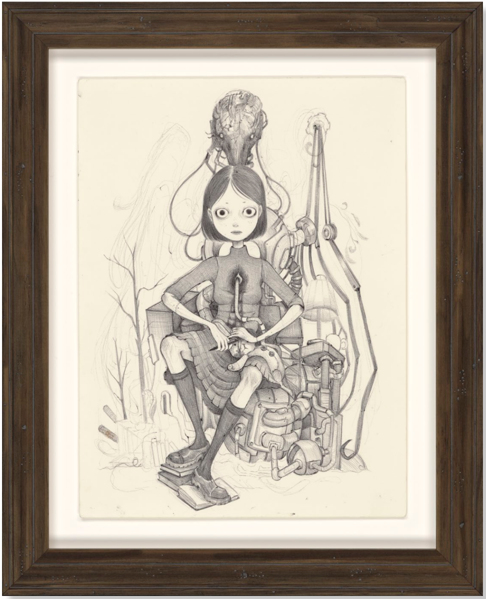 Framed pencil drawing of a wide-eyed girl seated amid intricate mechanical parts and cables.