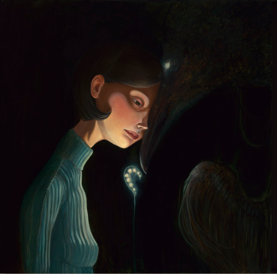 Surreal painting of a woman in teal facing a dark bird, their faces lit by a glowing flower.