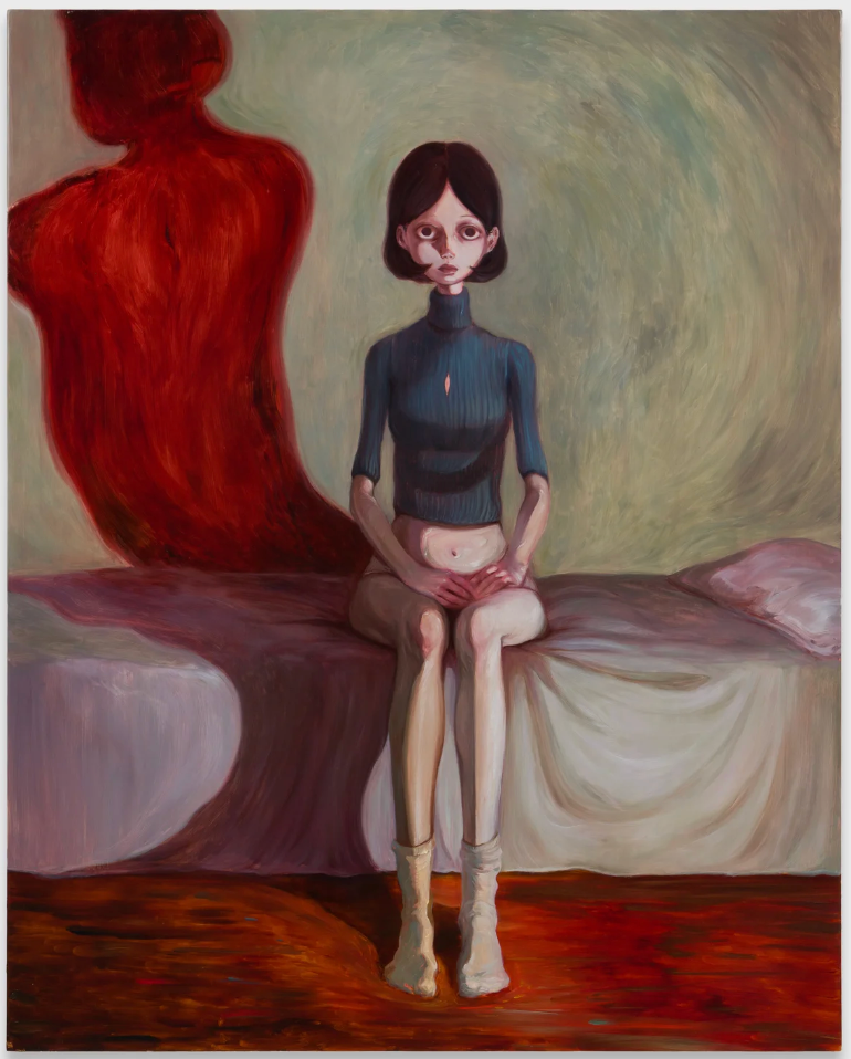 Surreal painting of a pale, wide-eyed woman seated on a bed beside a looming red shadow figure.