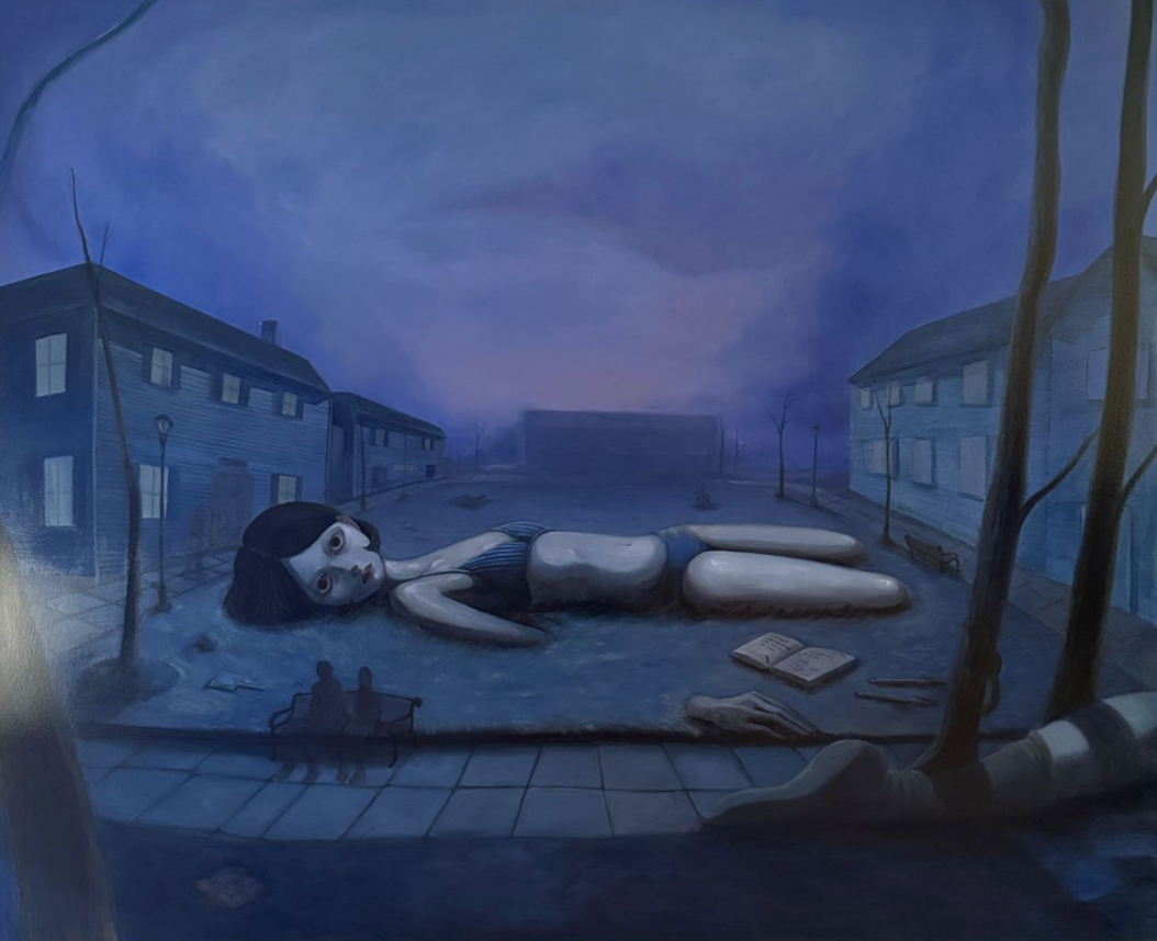 Surreal blue painting of a giant doll lying in a deserted street as two figures watch from a bench.