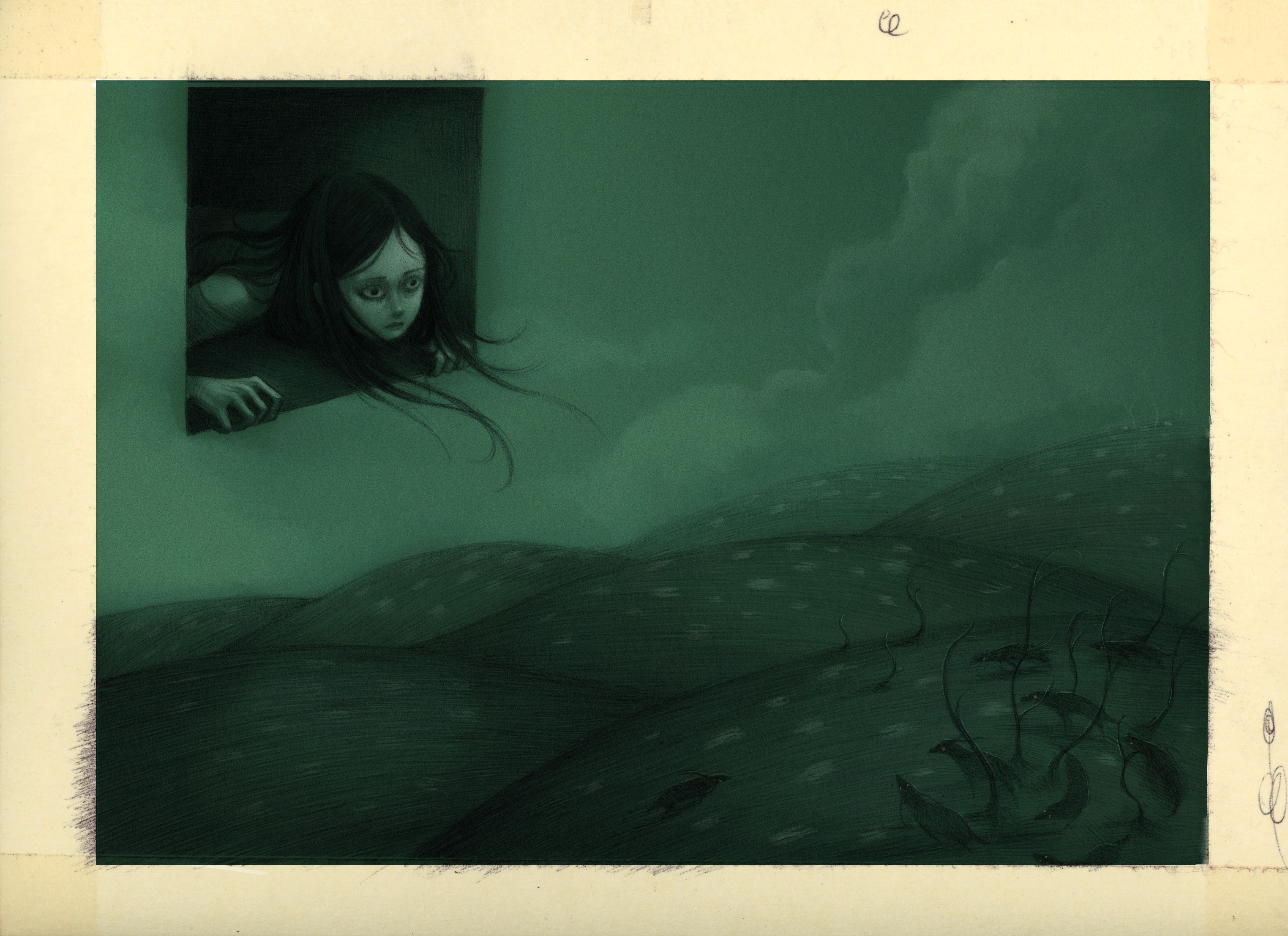 Green-toned illustration of a pale girl leaning from a dark window over misty hills and bare trees.