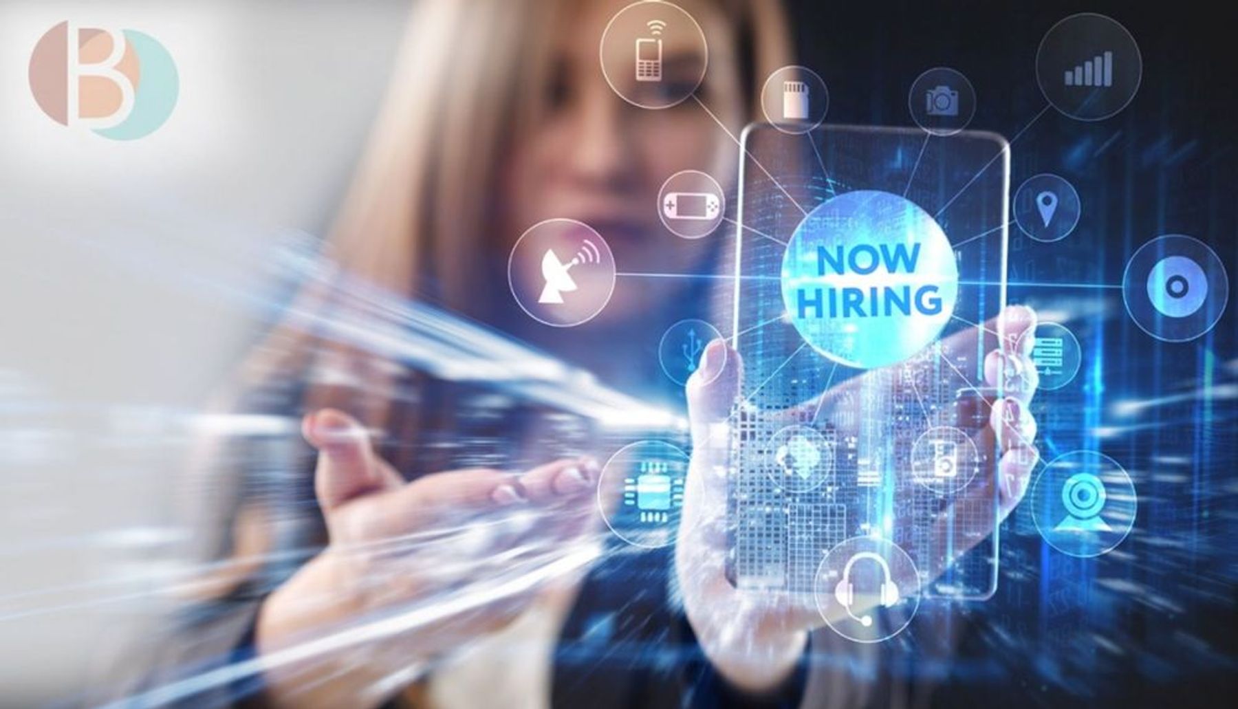 woman holding a mobile phone with "now hiring" graphic on the phone woman holding a mobile phone with "now hiring" graphic on the phone
