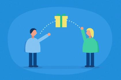 Illustration of one person passing a gift to a friend along a dotted line