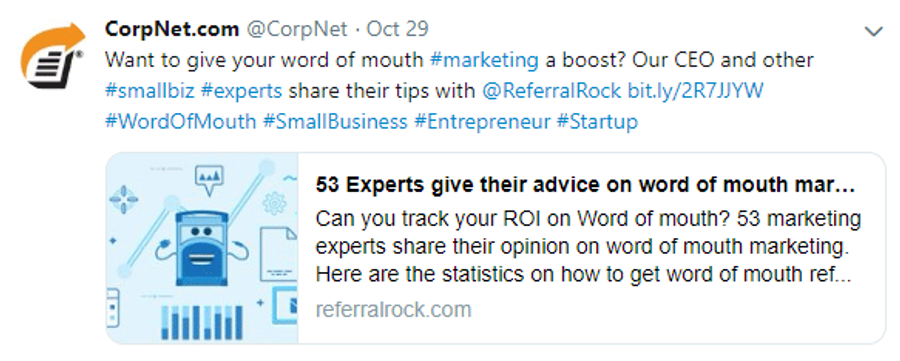 A Referral Rock article is shared by another company on Twitter