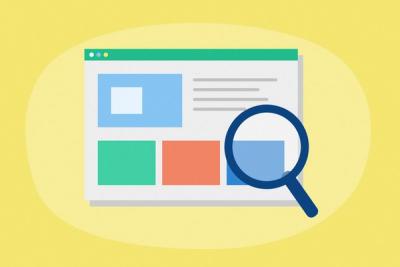 Illustration of a magnifying glass over a web page of program examples
