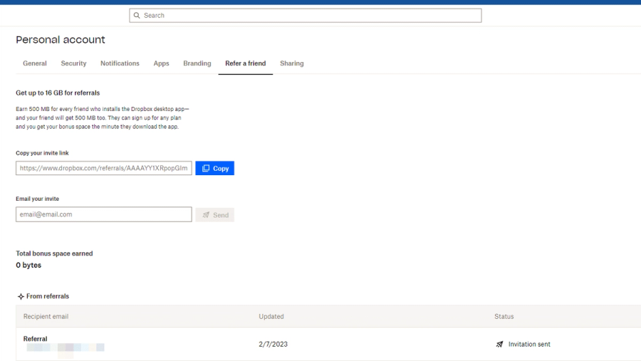 dropbox referral program dashboard - get up to 16gb for referrals