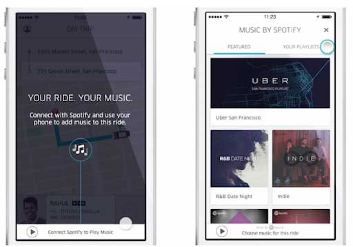 A phone displaying Uber connecting to Spotify