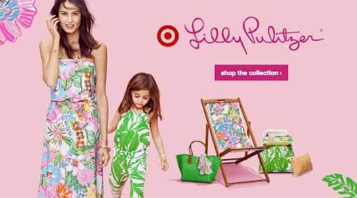 A Lilly Pulitzer image from Target's website, showing adult and child models wearing the clothes alongside some bags and a chair.