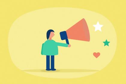 Illustration of a person speaking through a megaphone, with stars and a heart