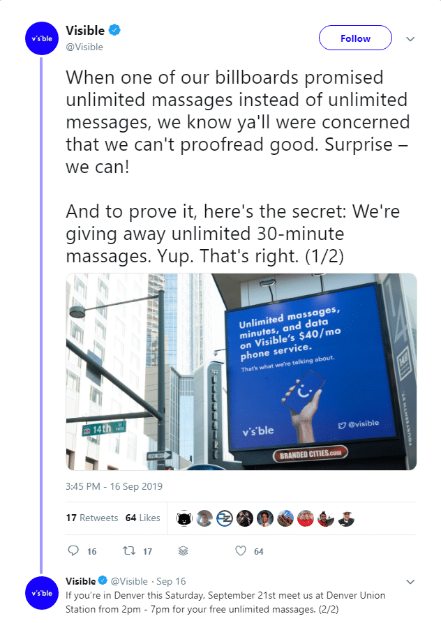 A social media post from brand Visible letting users know that they would be offering free massages